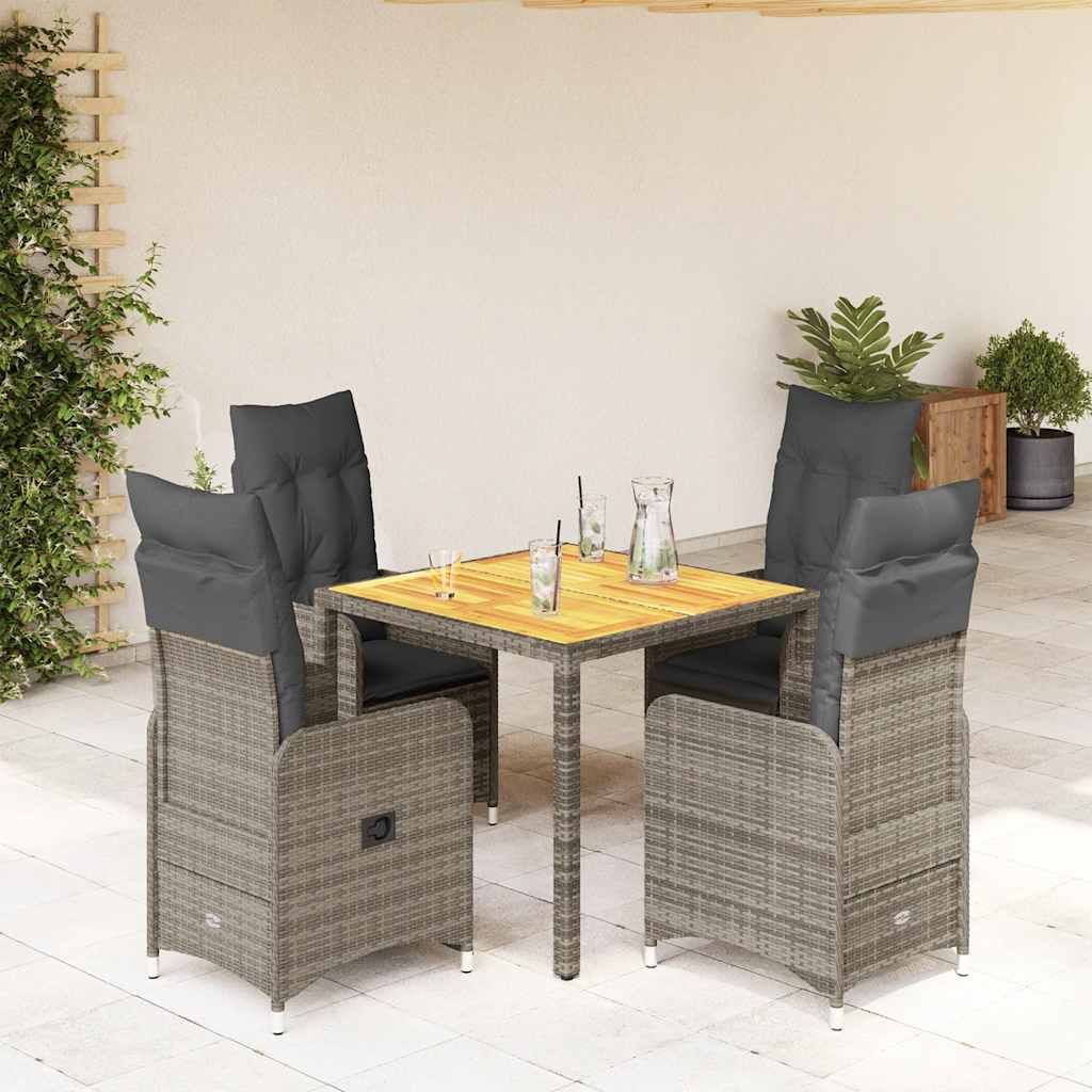 5 Pcs conjunto bistrô de jardim c/ almofadões vime PE cinza