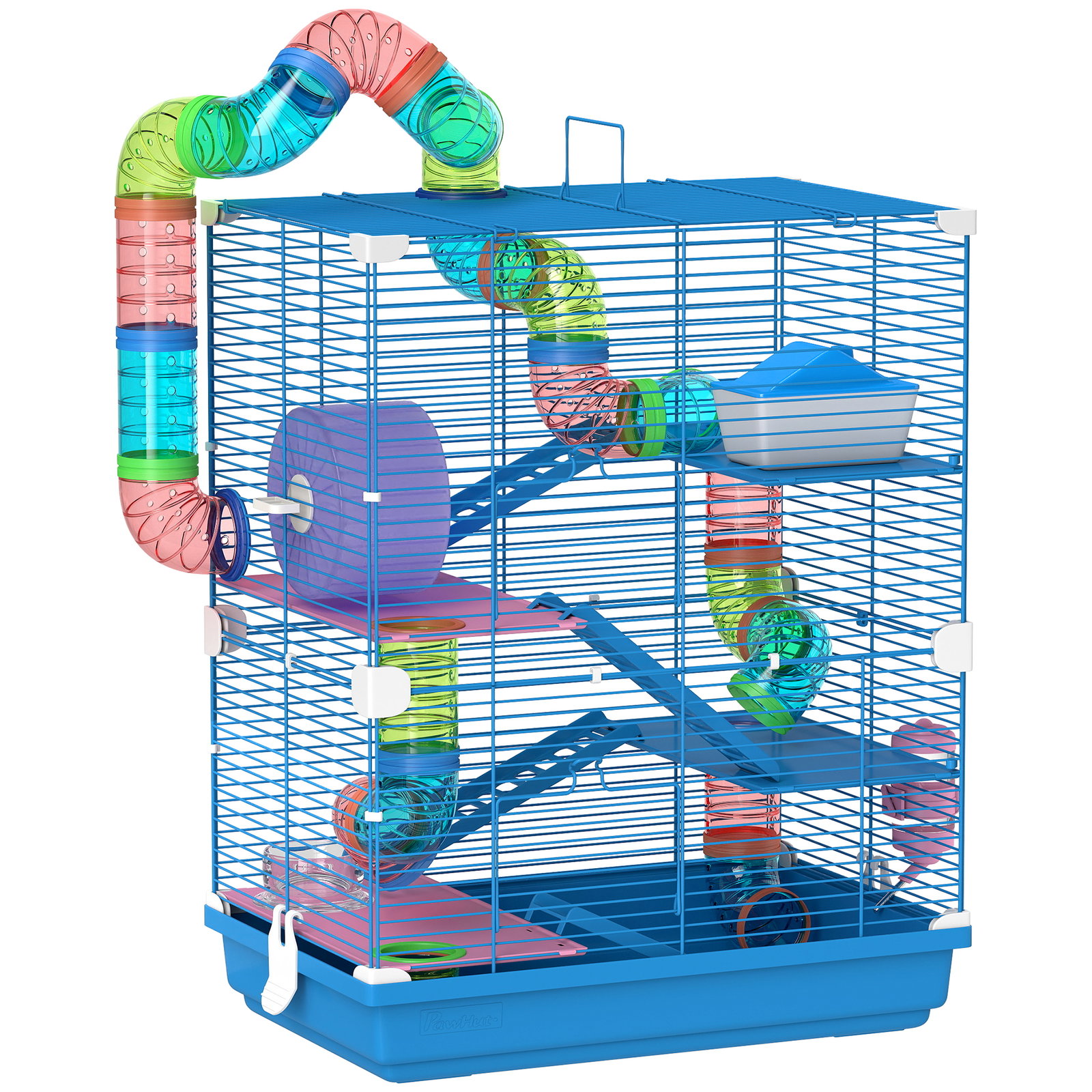 Gaiola para hamsters com túnel comedouro bebedouro casa rampas e roda de exercício 46x30x58 cm azul