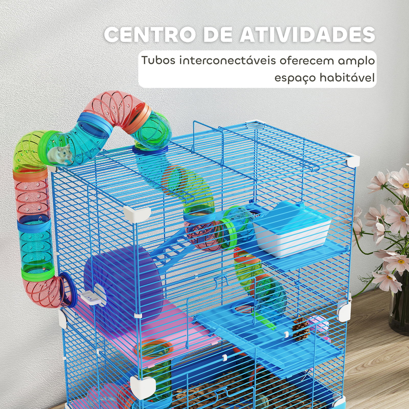 Gaiola para hamsters com túnel comedouro bebedouro casa rampas e roda de exercício 46x30x58 cm azul