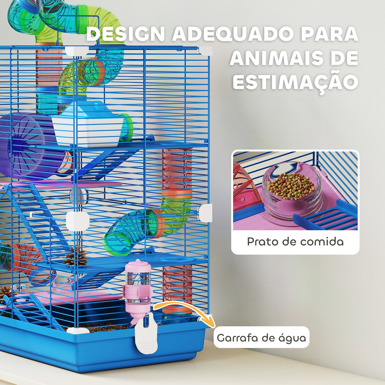 Gaiola para hamsters com túnel comedouro bebedouro casa rampas e roda de exercício 46x30x58 cm azul