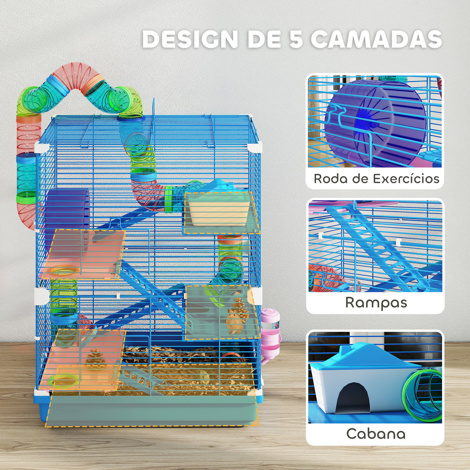 Gaiola para hamsters com túnel comedouro bebedouro casa rampas e roda de exercício 46x30x58 cm azul