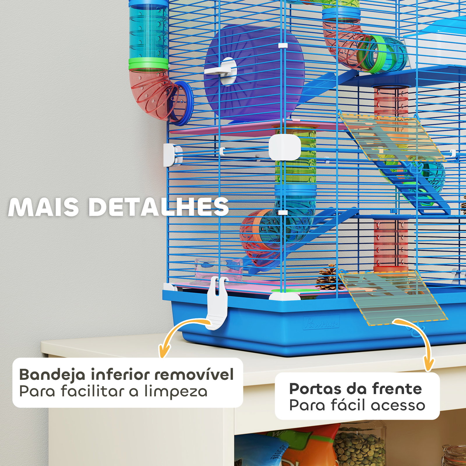 Gaiola para hamsters com túnel comedouro bebedouro casa rampas e roda de exercício 46x30x58 cm azul