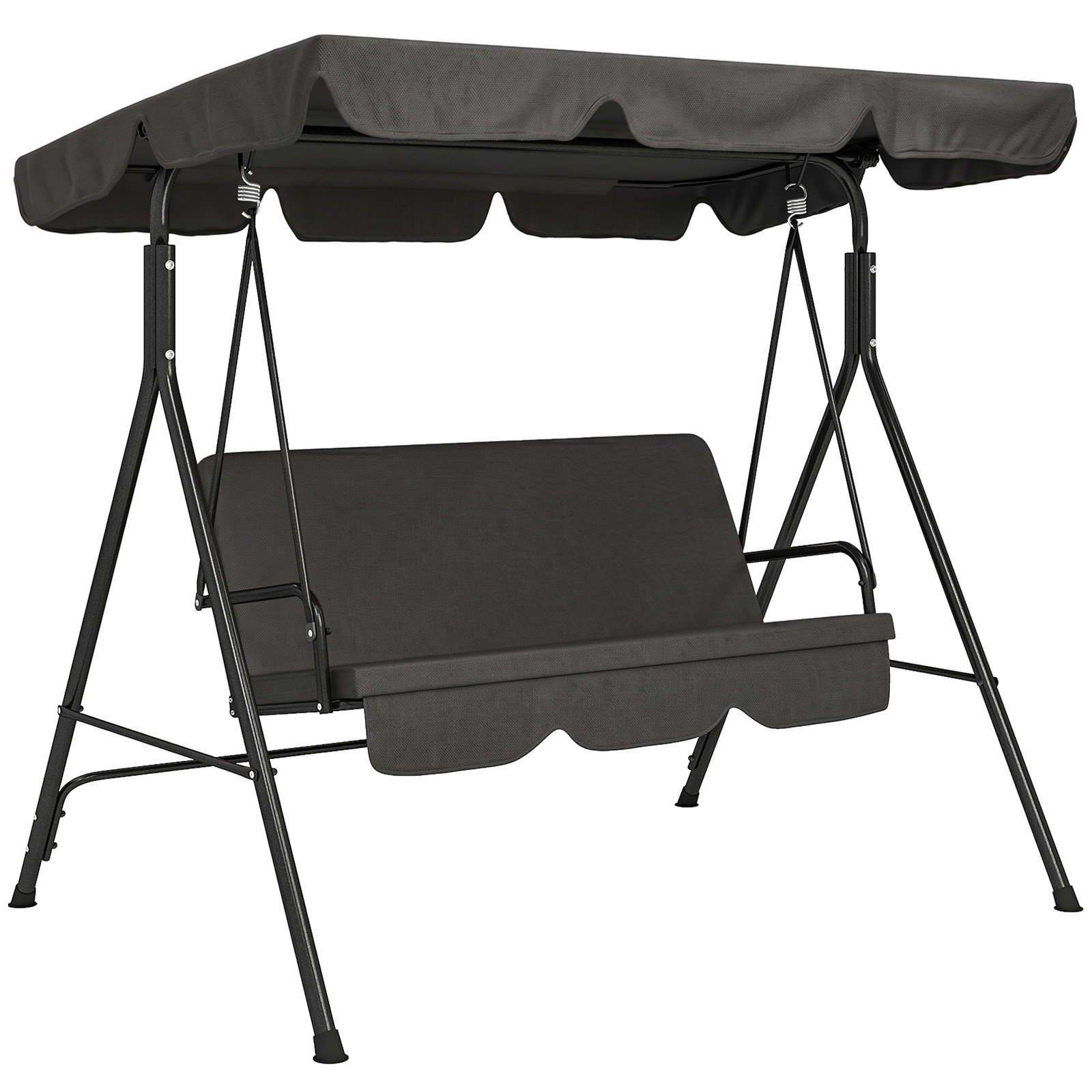 Baloiço de jardim de 3 lugares com almofada toldo ajustável e estrutura de aço para balcão terraço 172x110x153 cm preto