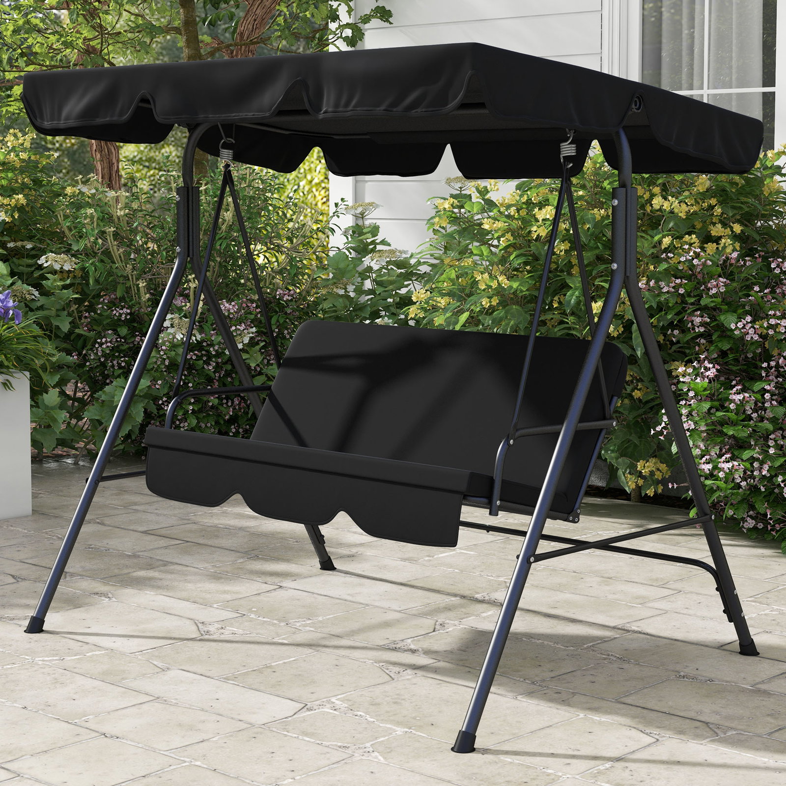 Baloiço de jardim de 3 lugares com almofada toldo ajustável e estrutura de aço para balcão terraço 172x110x153 cm preto