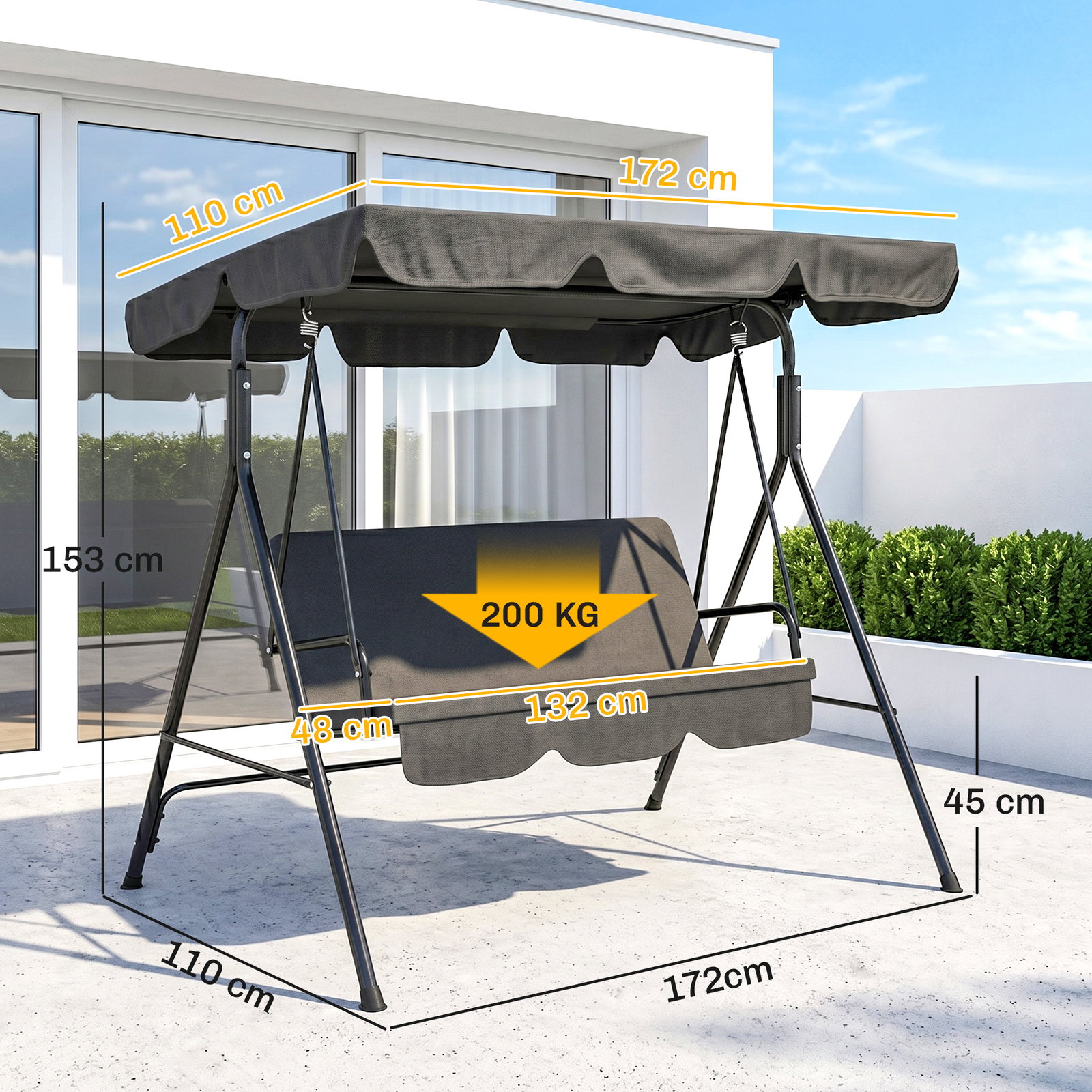 Baloiço de jardim de 3 lugares com almofada toldo ajustável e estrutura de aço para balcão terraço 172x110x153 cm preto
