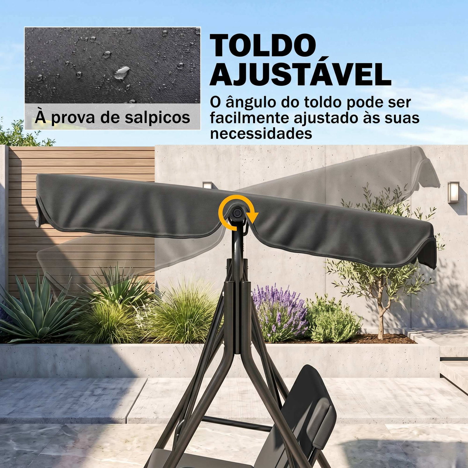 Baloiço de jardim de 3 lugares com almofada toldo ajustável e estrutura de aço para balcão terraço 172x110x153 cm preto