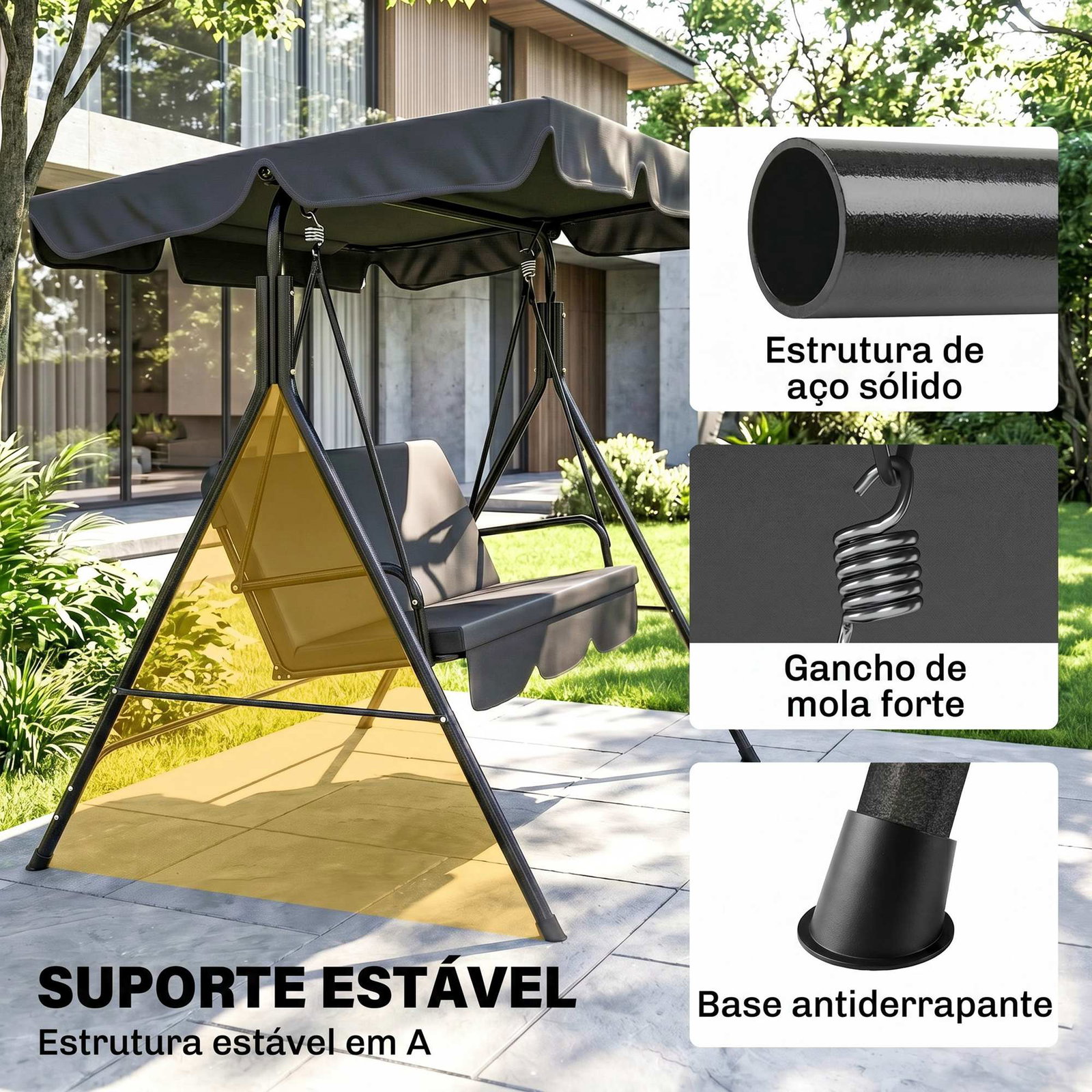Baloiço de jardim de 3 lugares com almofada toldo ajustável e estrutura de aço para balcão terraço 172x110x153 cm preto