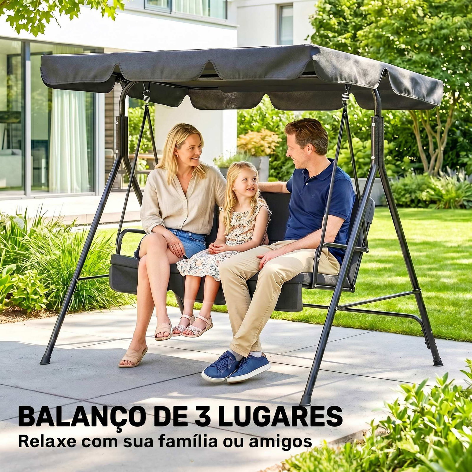 Baloiço de jardim de 3 lugares com almofada toldo ajustável e estrutura de aço para balcão terraço 172x110x153 cm preto