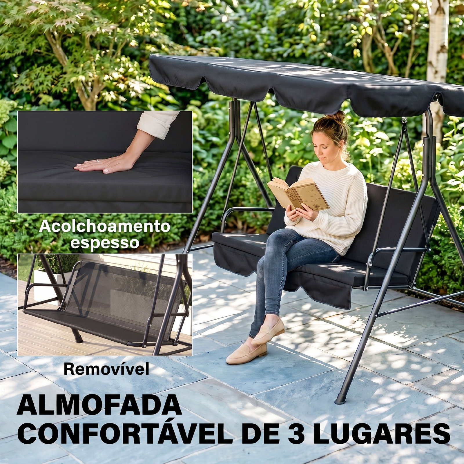 Baloiço de jardim de 3 lugares com almofada toldo ajustável e estrutura de aço para balcão terraço 172x110x153 cm preto