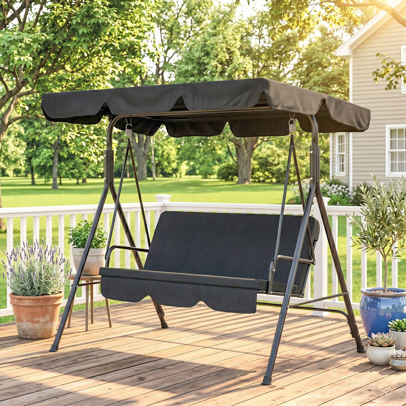 Baloiço de jardim de 3 lugares com almofada toldo ajustável e estrutura de aço para balcão terraço 172x110x153 cm preto