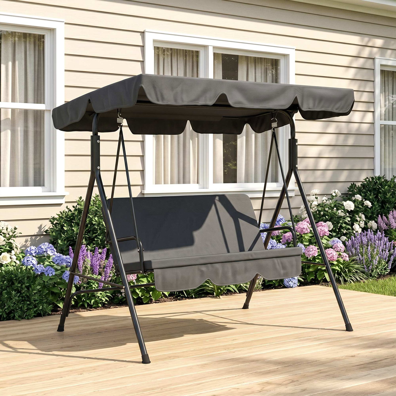 Baloiço de jardim de 3 lugares com almofada toldo ajustável e estrutura de aço para balcão terraço 172x110x153 cm preto