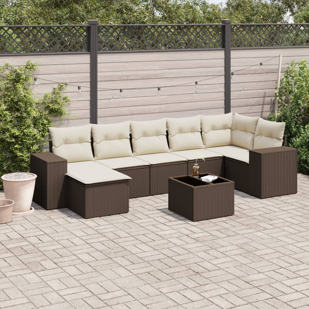 8 Pcs conjunto sofás de jardim c/ almofadões vime PE castanho