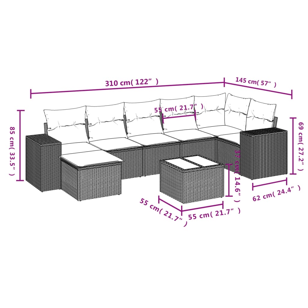 8 Pcs conjunto sofás de jardim c/ almofadões vime PE castanho