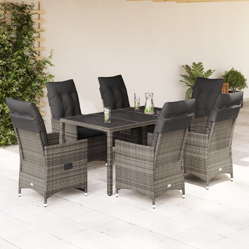 7 Pcs conjunto de jantar p/ jardim c/ almofadões vime PE cinza