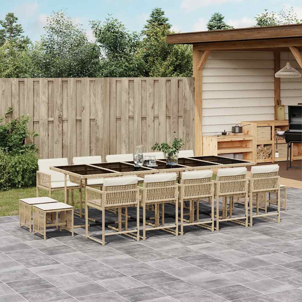 15 Pcs conjunto de jantar p/ jardim com almofadões vime PE bege