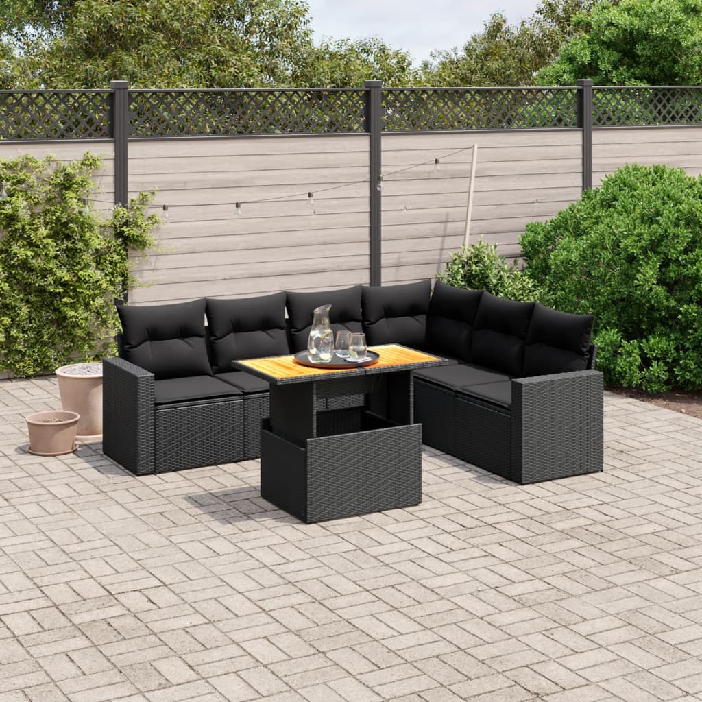 7 Pcs conjunto de sofás p/ jardim c/ almofadões vime PE preto