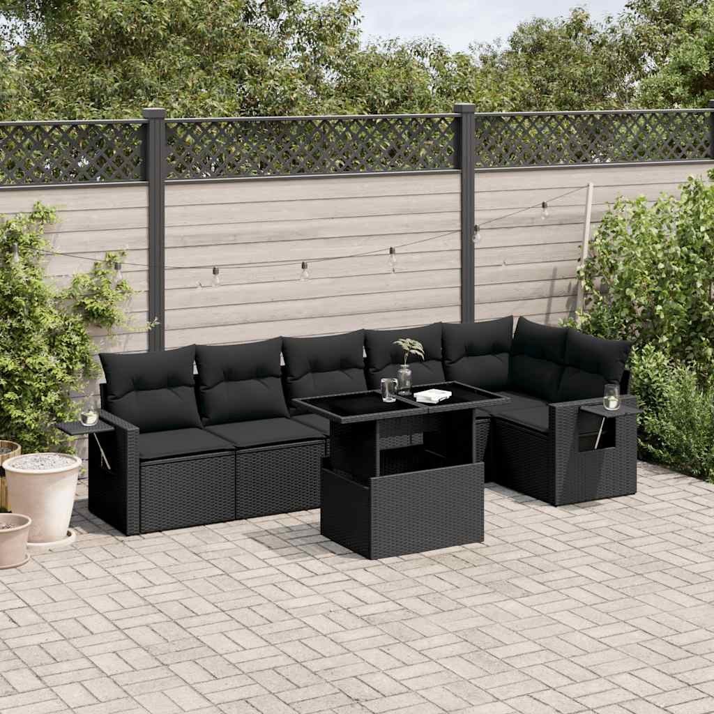 7 Pcs conjunto de sofás p/ jardim c/ almofadões vime PE preto