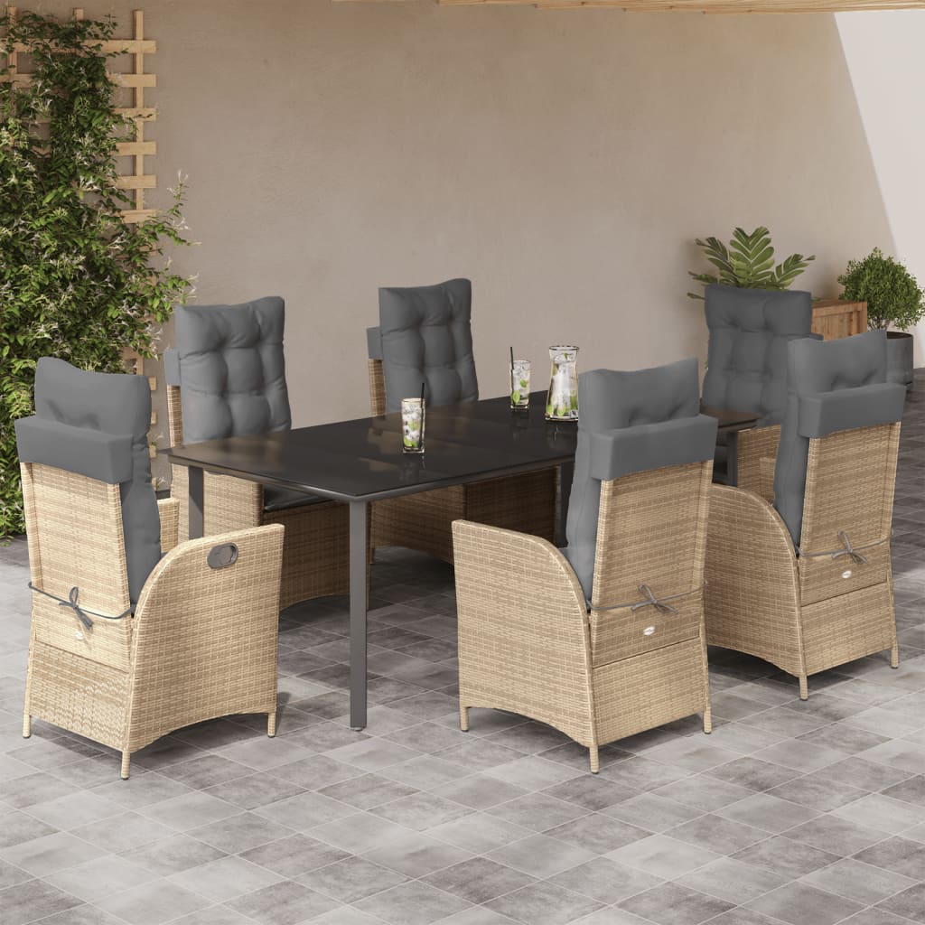7 Pcs conjunto de jantar p/ jardim com almofadões vime PE bege