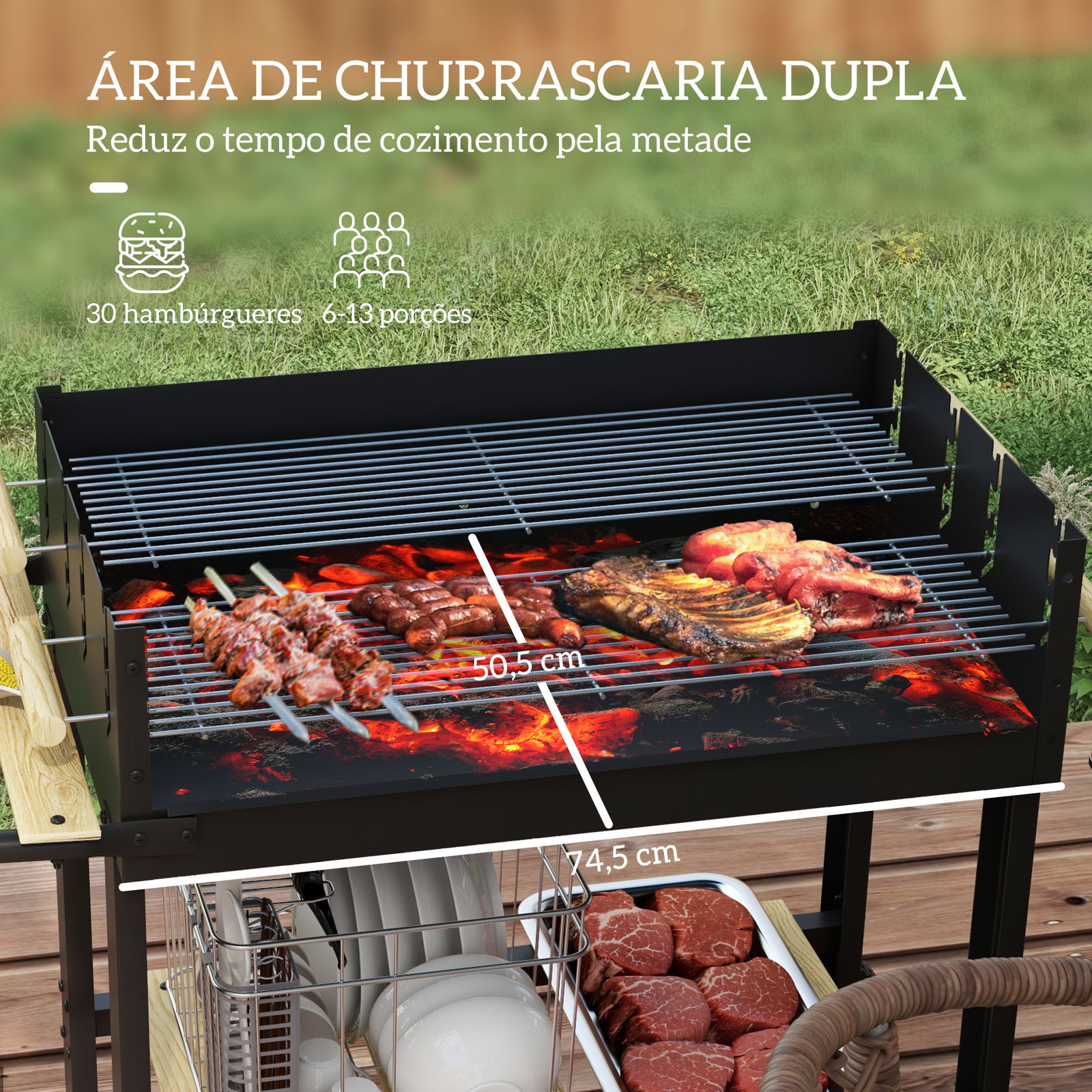 Churrasqueira a carvão 113x53,5x82,5 cm com 2 grelhas alturas ajustáveis mesa lateral, prateleira e rodas para jardim preto