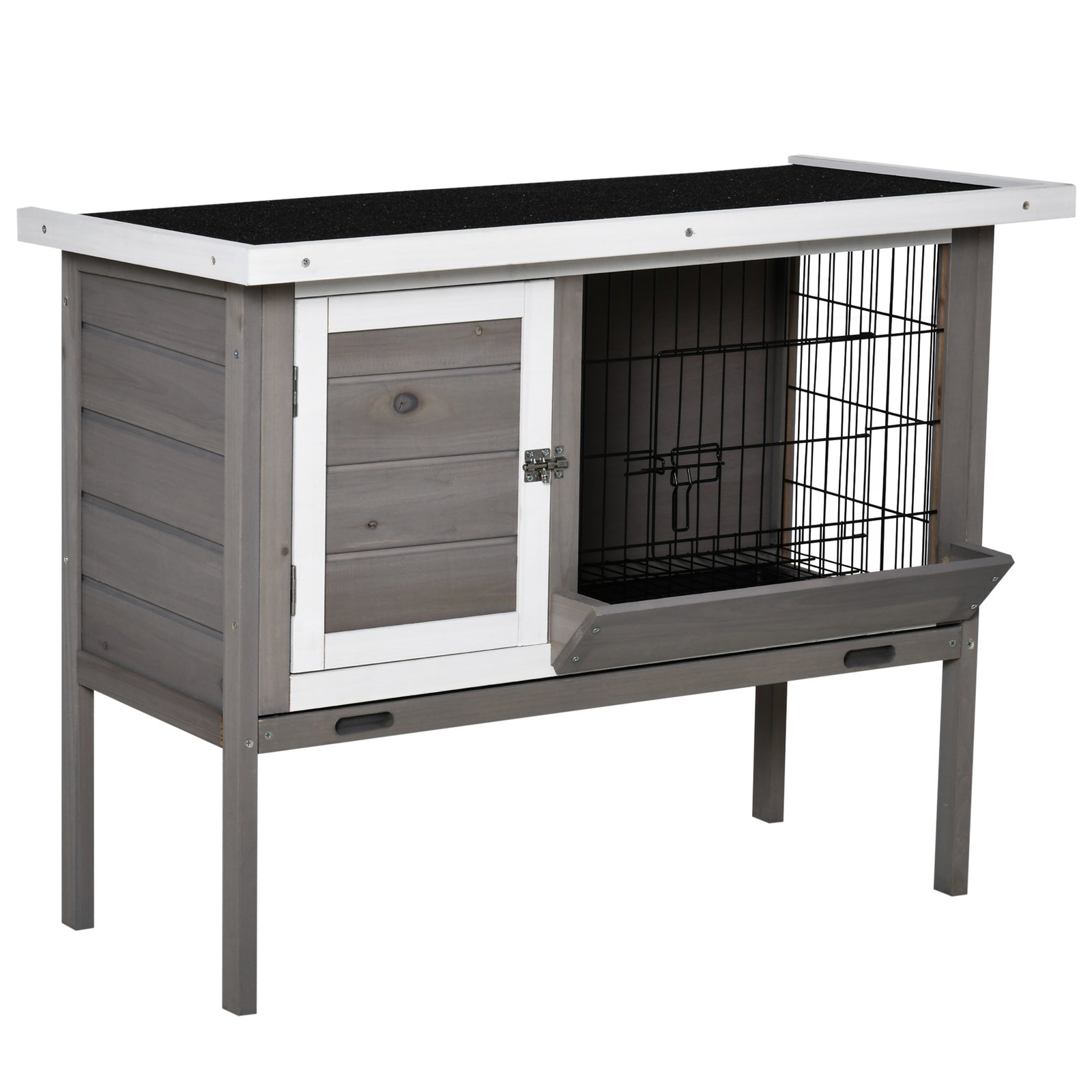 Coelheira de Madeira Exterior Gaiola Elevada para Coelhos Cobaias Animais Pequenos com Teto Asfáltico Abatível Comedouro Bandeja