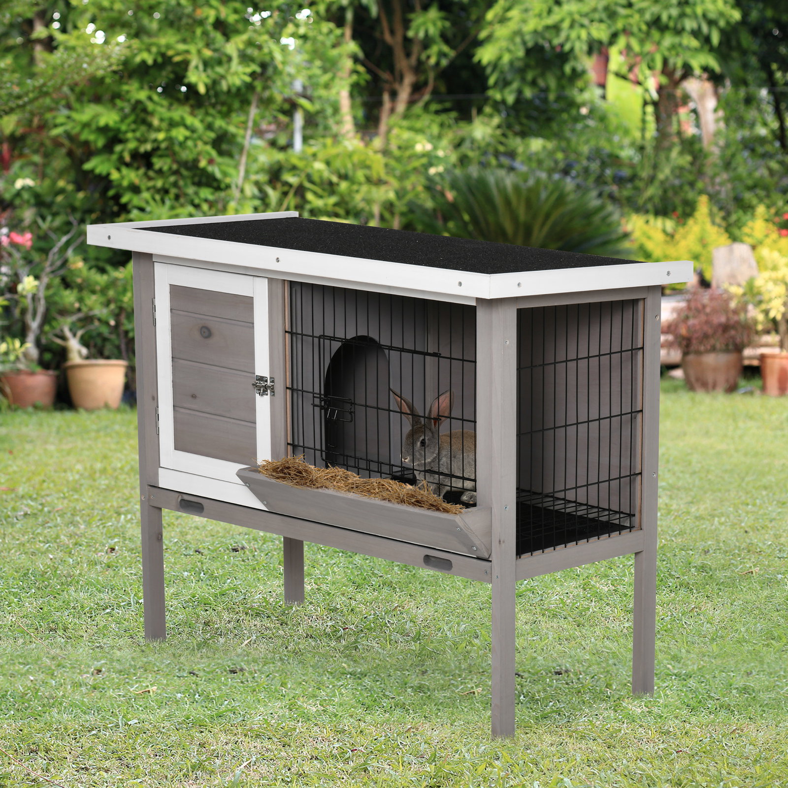 Coelheira de Madeira Exterior Gaiola Elevada para Coelhos Cobaias Animais Pequenos com Teto Asfáltico Abatível Comedouro Bandeja