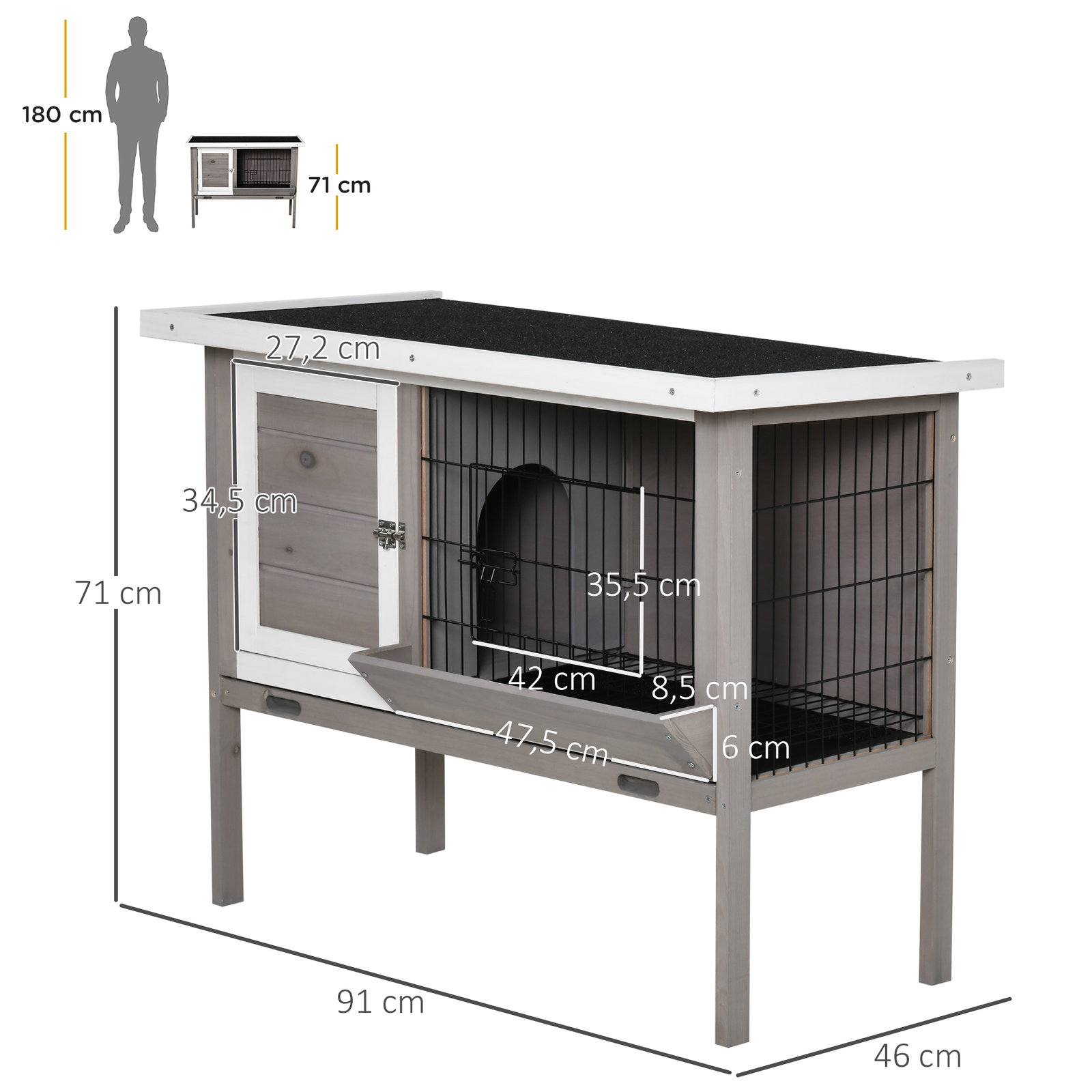 Coelheira de Madeira Exterior Gaiola Elevada para Coelhos Cobaias Animais Pequenos com Teto Asfáltico Abatível Comedouro Bandeja