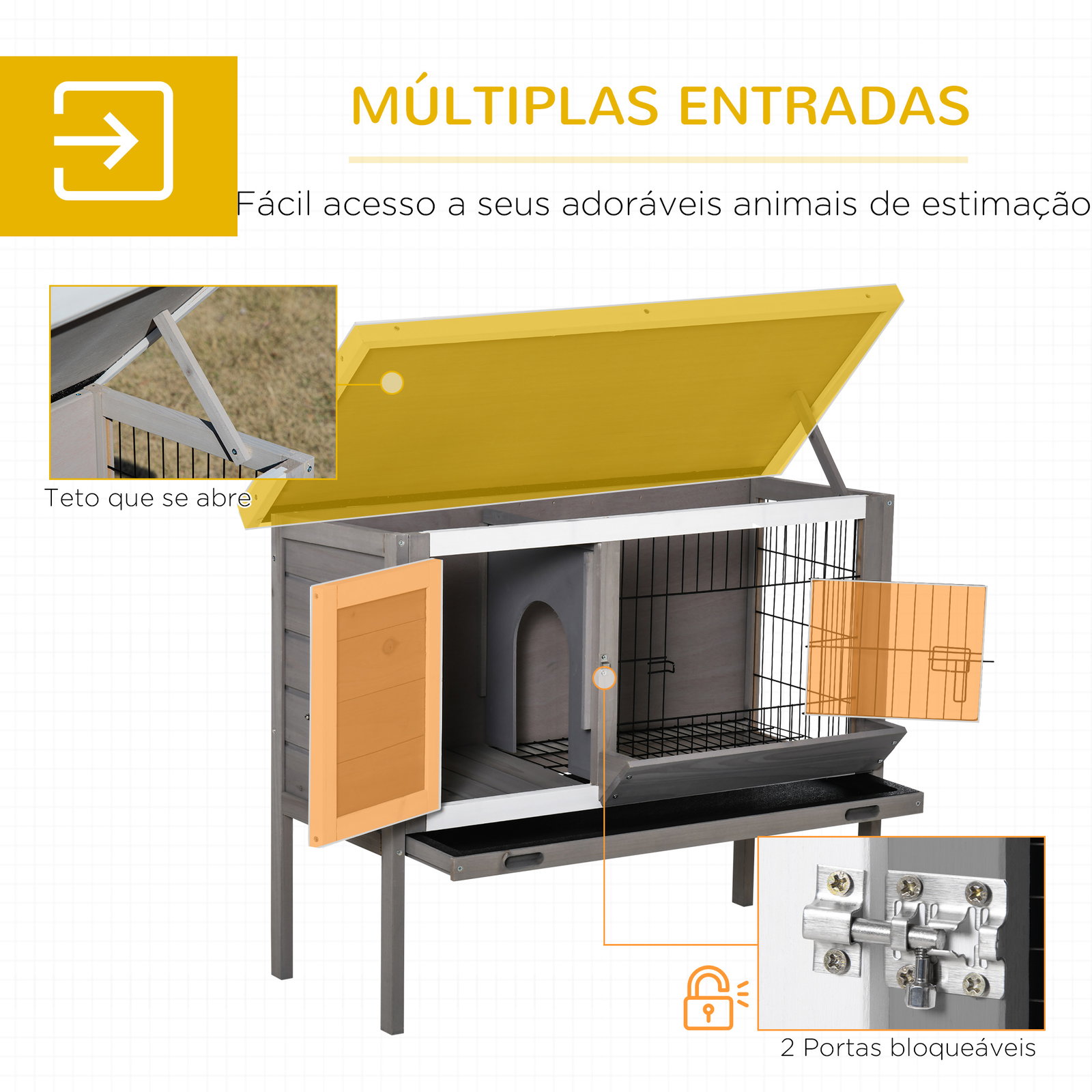 Coelheira de Madeira Exterior Gaiola Elevada para Coelhos Cobaias Animais Pequenos com Teto Asfáltico Abatível Comedouro Bandeja