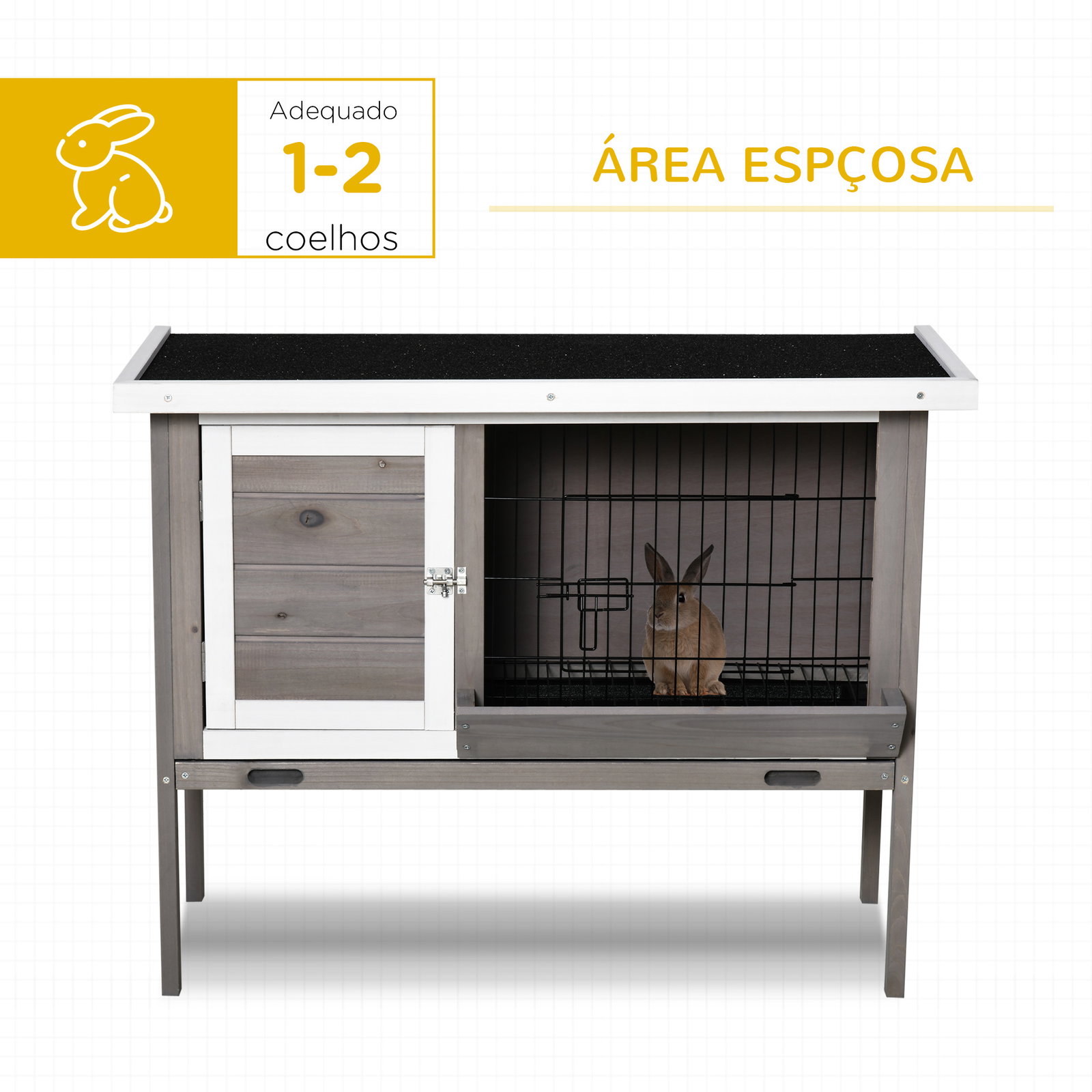 Coelheira de Madeira Exterior Gaiola Elevada para Coelhos Cobaias Animais Pequenos com Teto Asfáltico Abatível Comedouro Bandeja