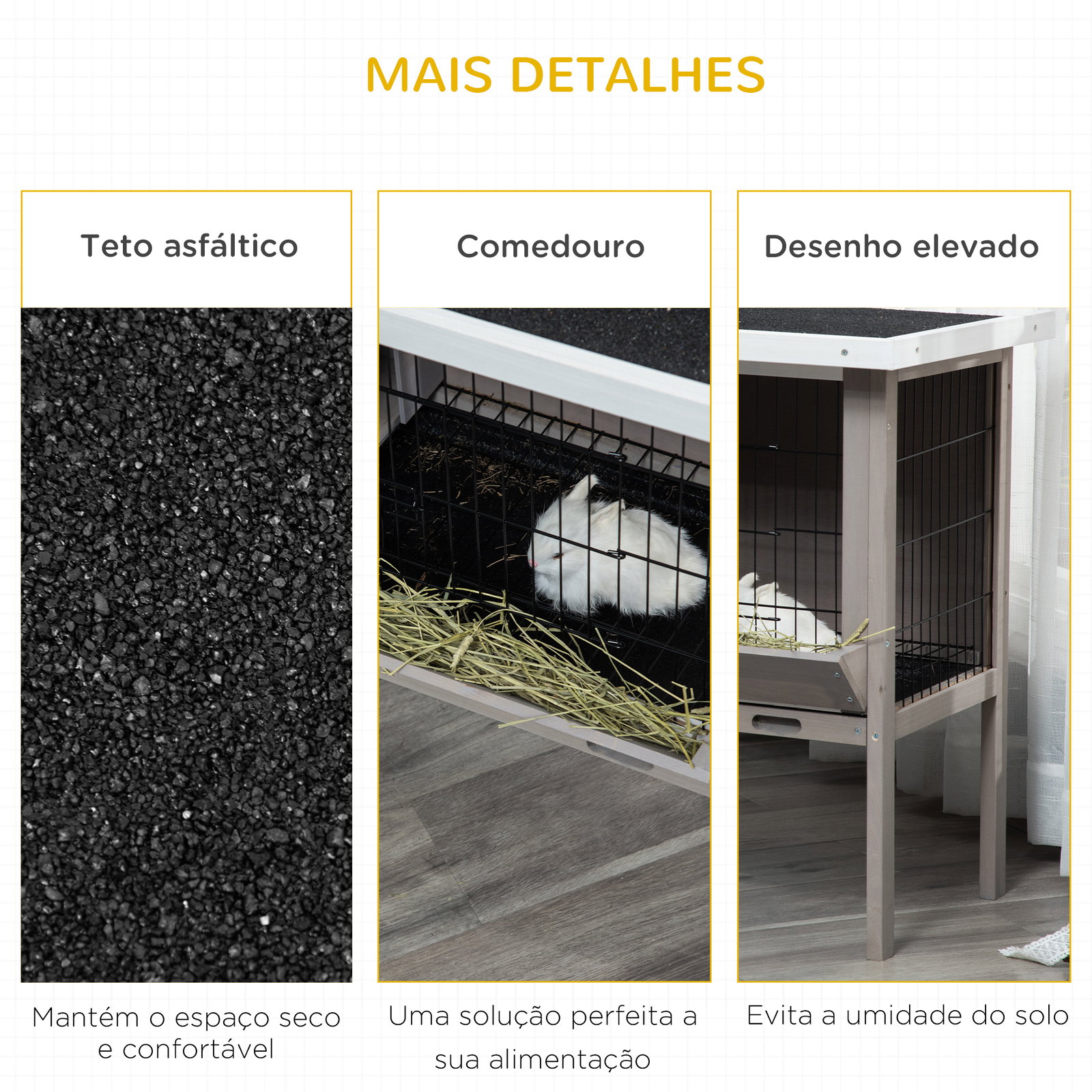 Coelheira de Madeira Exterior Gaiola Elevada para Coelhos Cobaias Animais Pequenos com Teto Asfáltico Abatível Comedouro Bandeja