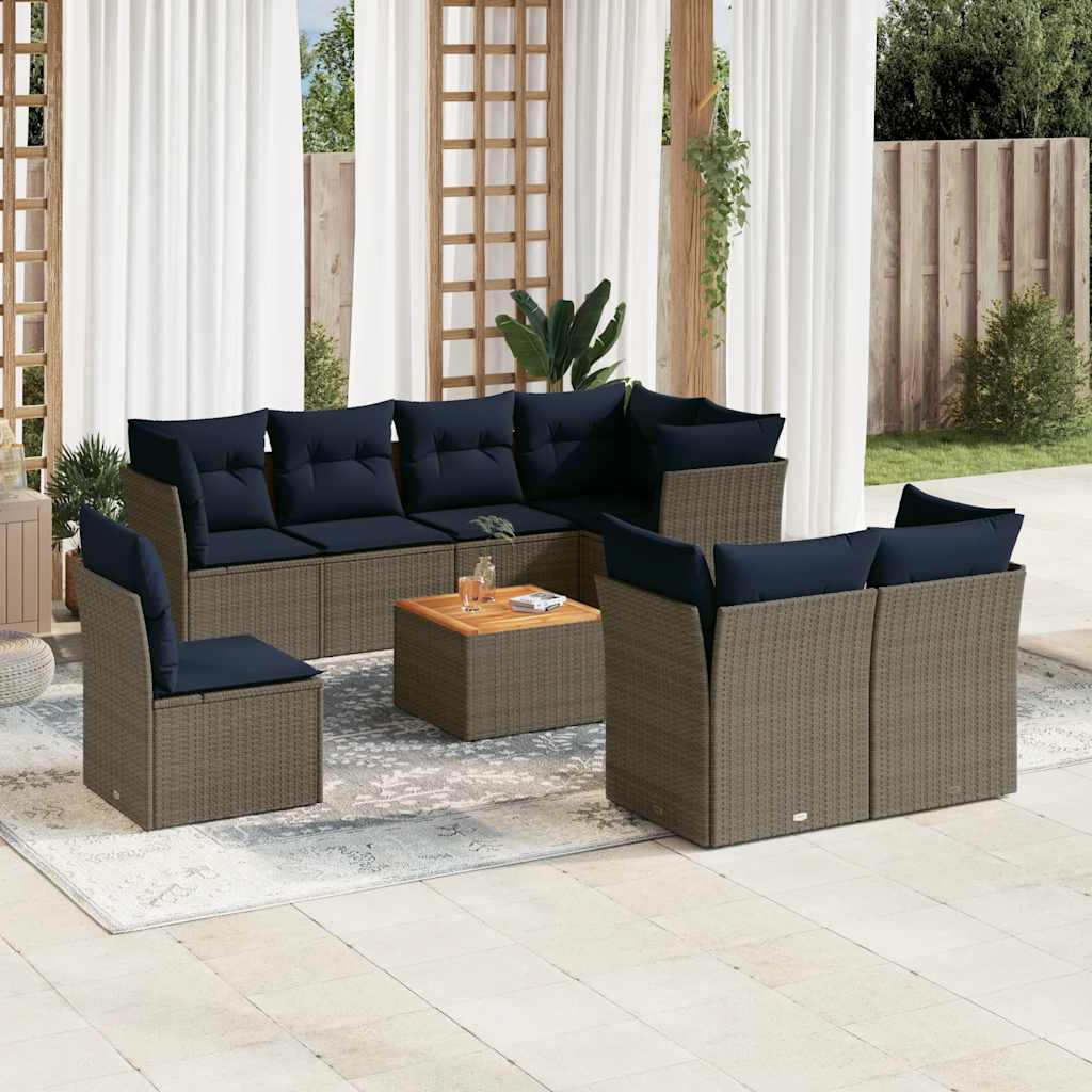 9 Pcs conjunto sofás p/ jardim c/ almofadões vime PE cinzento