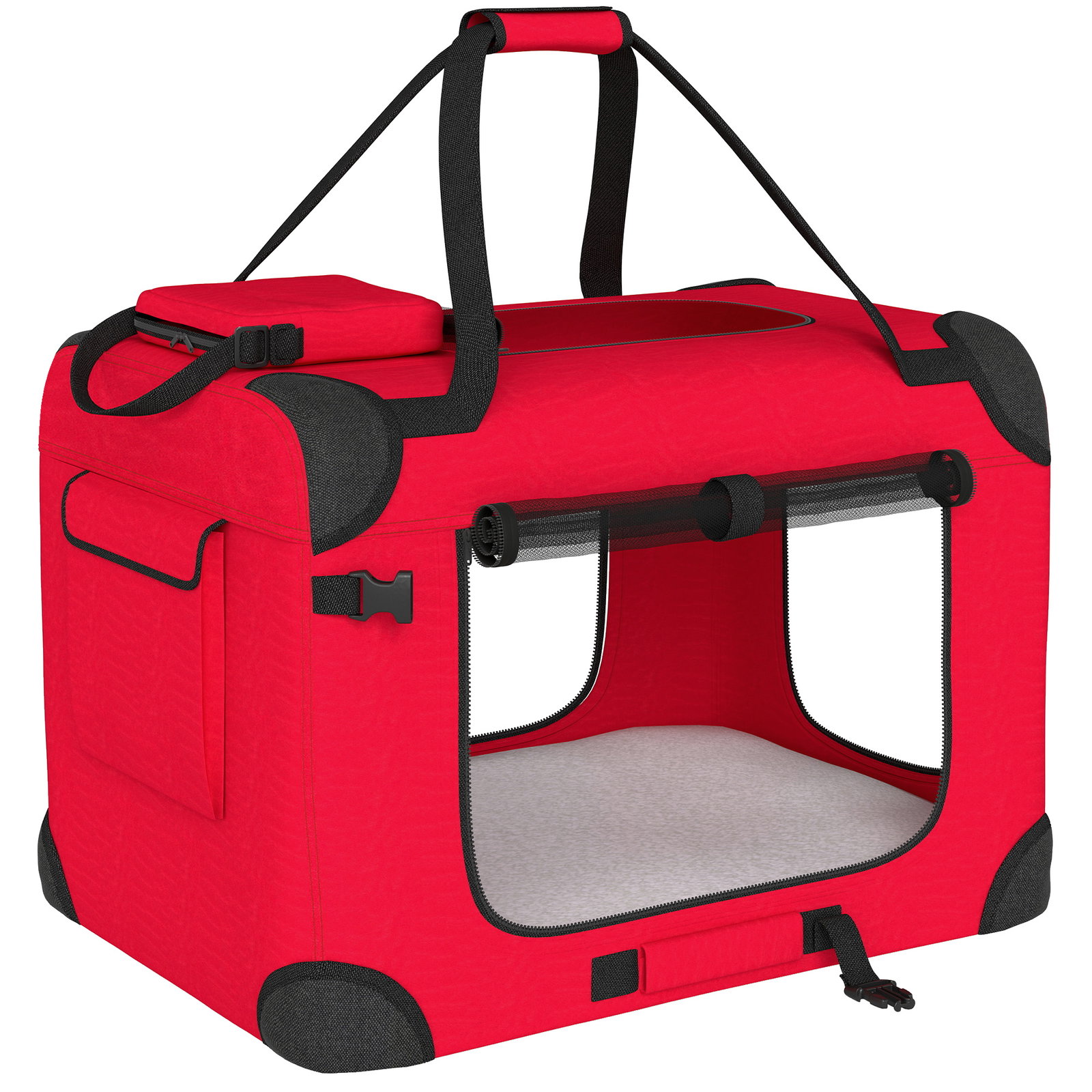 Transportadora dobrável para cães 60x41,5x41 cm com janelas de rede, almofada macia e 2 alças para mini cães e gatos vermelho