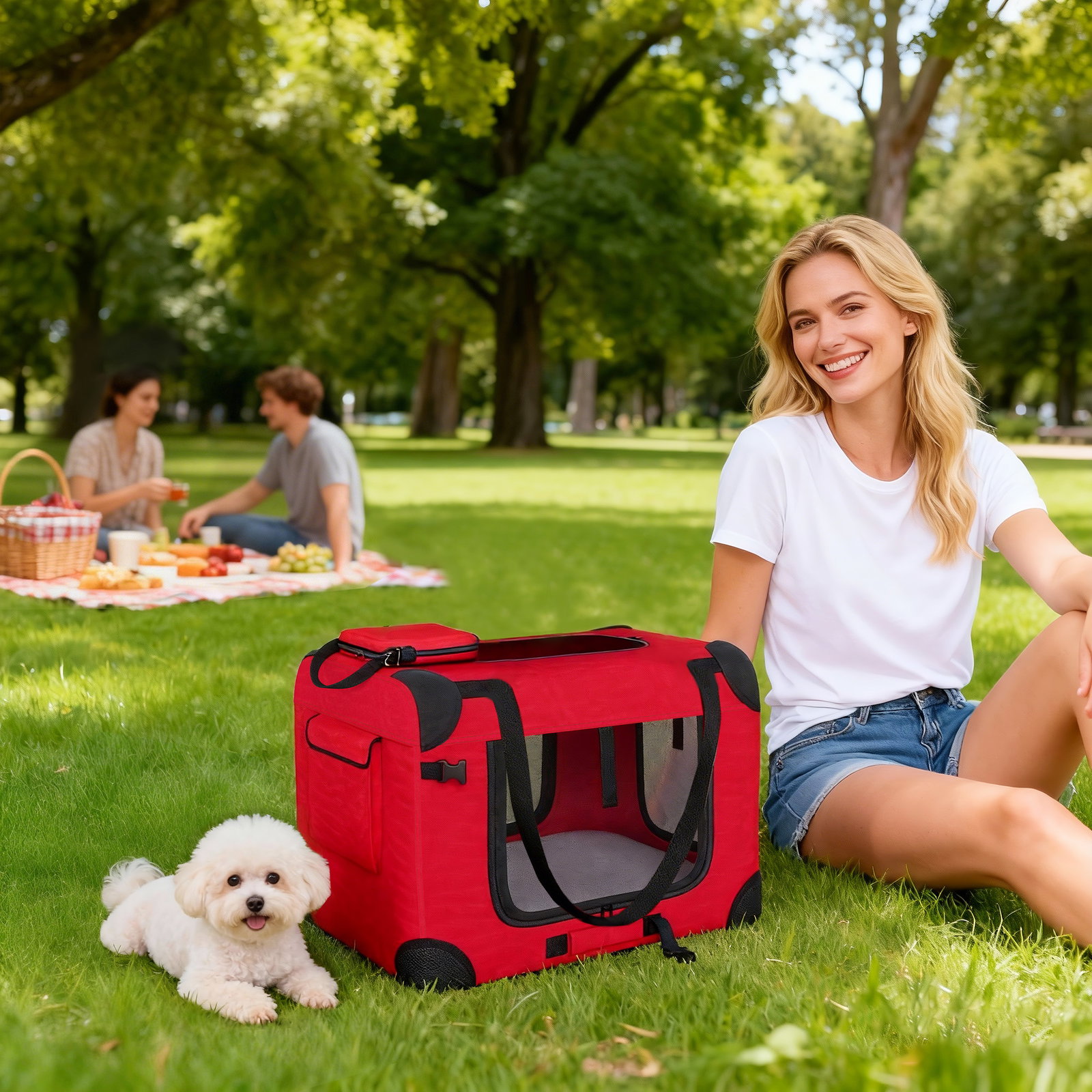 Transportadora dobrável para cães 60x41,5x41 cm com janelas de rede, almofada macia e 2 alças para mini cães e gatos vermelho