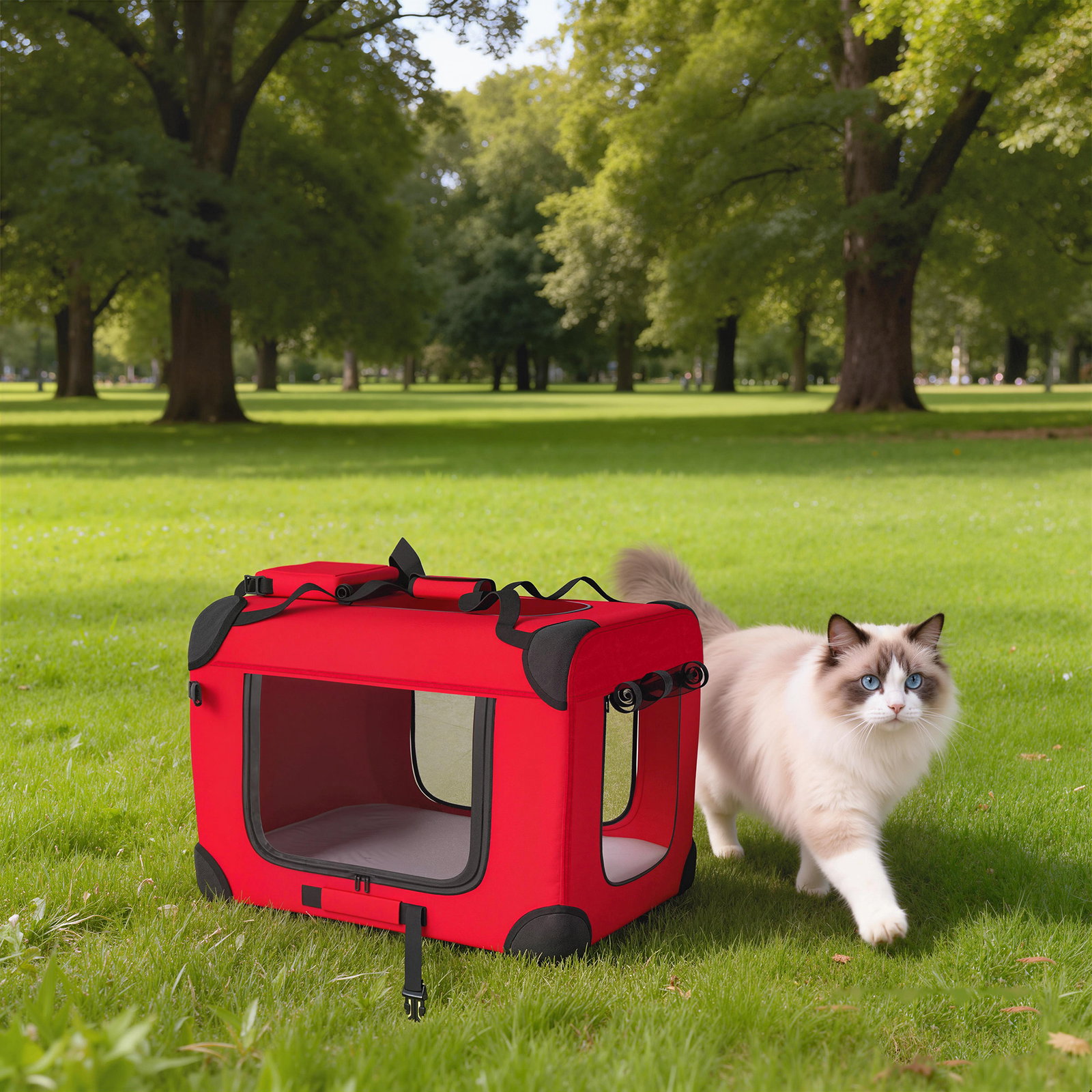 Transportadora dobrável para cães 60x41,5x41 cm com janelas de rede, almofada macia e 2 alças para mini cães e gatos vermelho