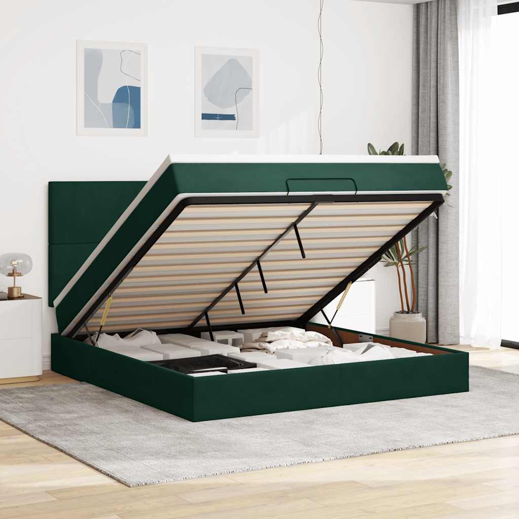 Estrutura de cama otomana com colchão verde escuro veludo