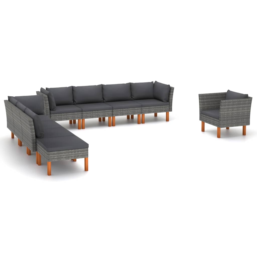 9 Pcs conj. lounge jardim vime PE e madeira eucalipto cinzento
