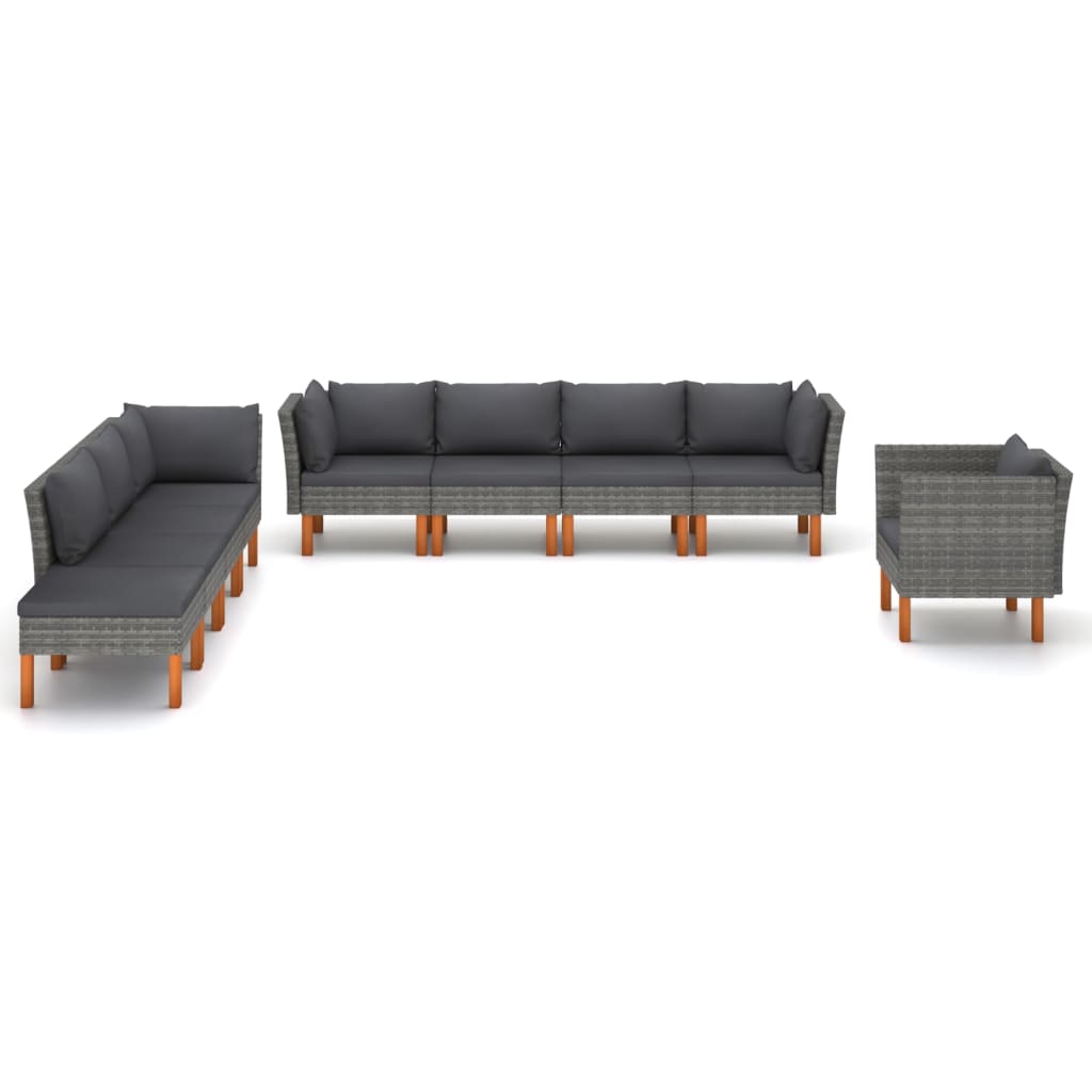 9 Pcs conj. lounge jardim vime PE e madeira eucalipto cinzento