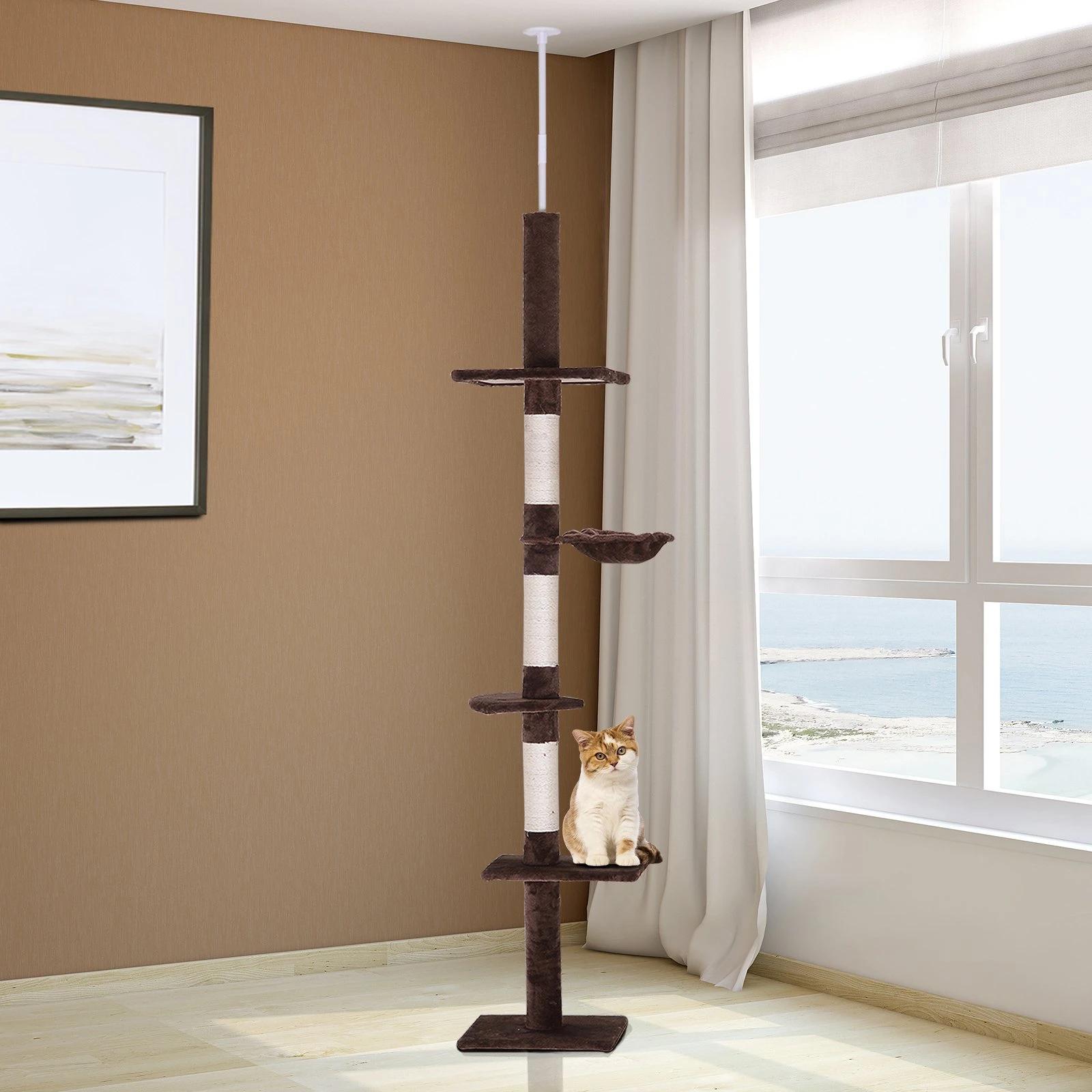 Árvore arranhadora para gatos arranhador para fixar ao teto altura ajustável com plataformas poste de sisal 40x34x230-260cm marrom