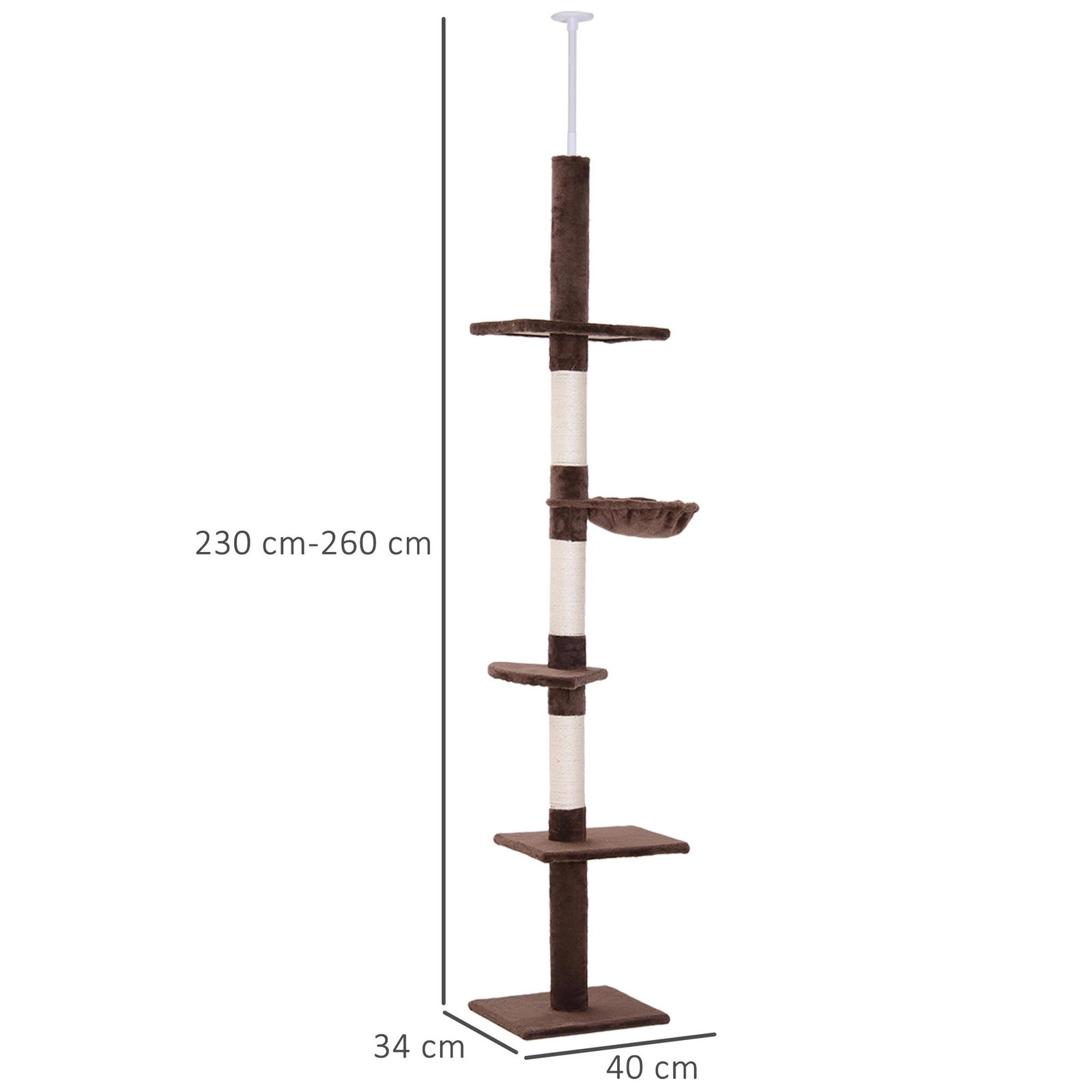 Árvore arranhadora para gatos arranhador para fixar ao teto altura ajustável com plataformas poste de sisal 40x34x230-260cm marrom