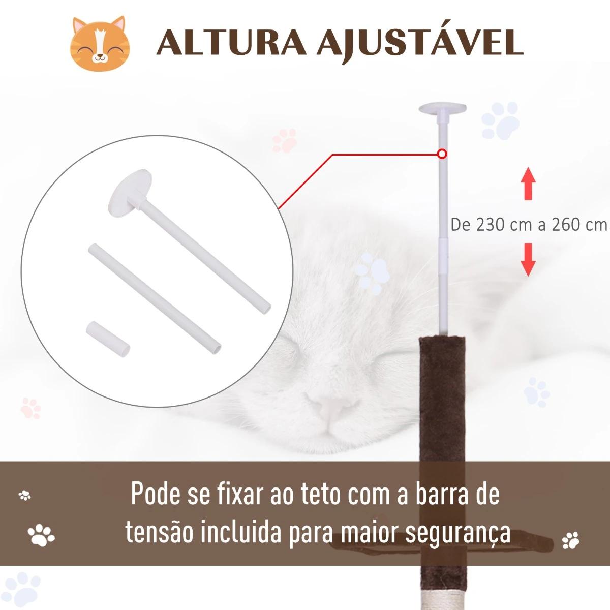 Árvore arranhadora para gatos arranhador para fixar ao teto altura ajustável com plataformas poste de sisal 40x34x230-260cm marrom