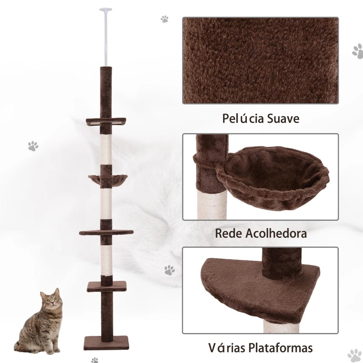 Árvore arranhadora para gatos arranhador para fixar ao teto altura ajustável com plataformas poste de sisal 40x34x230-260cm marrom