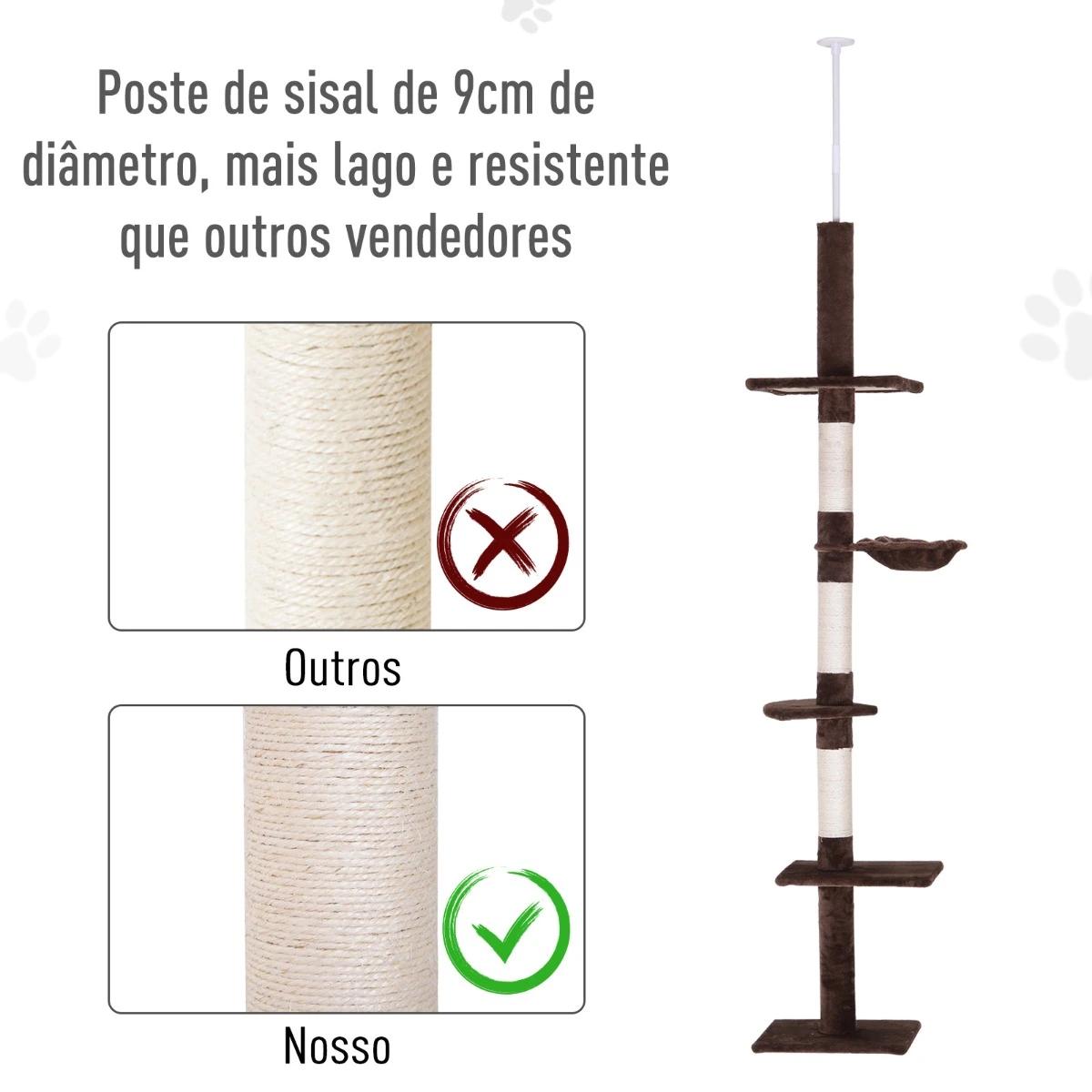 Árvore arranhadora para gatos arranhador para fixar ao teto altura ajustável com plataformas poste de sisal 40x34x230-260cm marrom