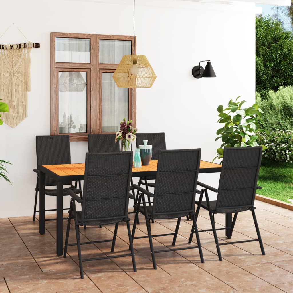 7 Pcs conjunto de jantar para jardim preto e castanho