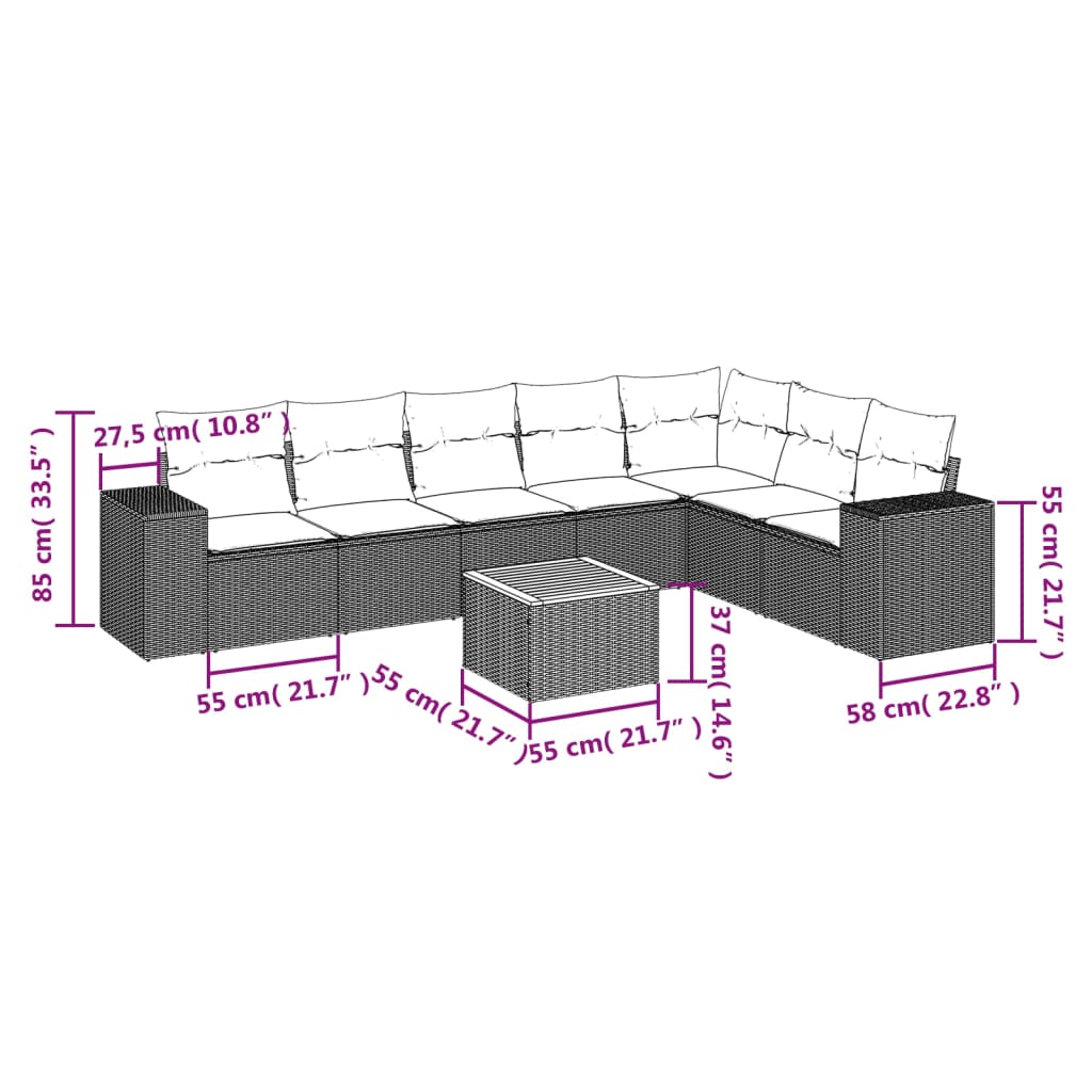 8 Pcs conjunto de sofás p/ jardim com almofadões vime PE bege