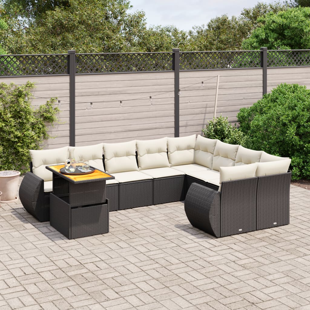 10 Pcs conjunto sofás de jardim c/ almofadões vime PE preto