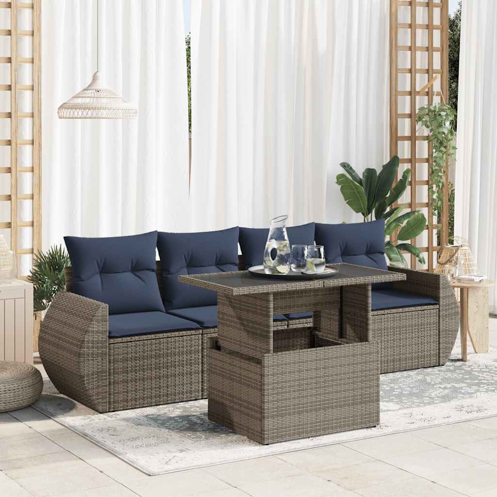 5 Pcs conjunto sofás de jardim c/ almofadões acácia e vime PE