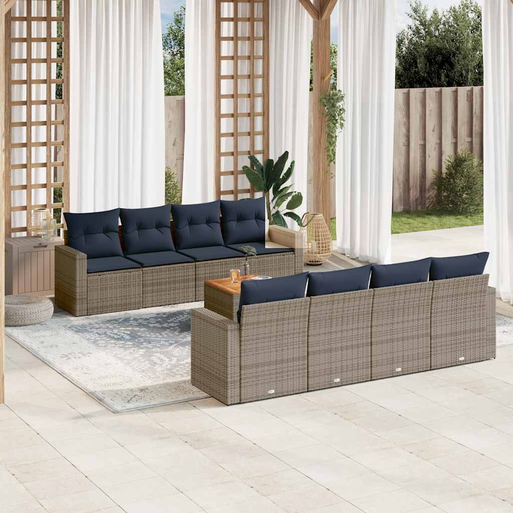 9 Pcs conjunto sofás p/ jardim c/ almofadões vime PE cinzento