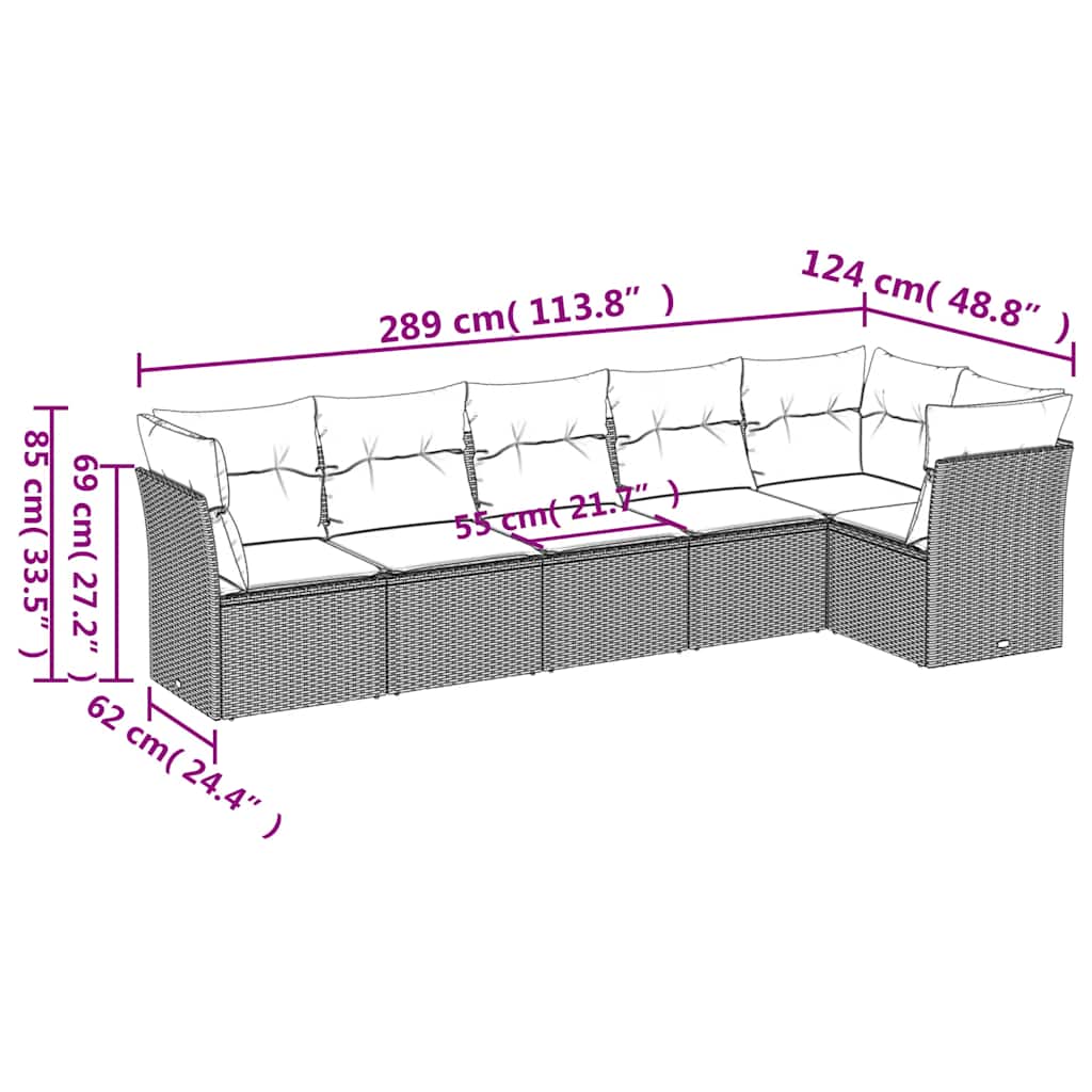 6 Pcs conjunto sofás de jardim com almofadões vime cinzento