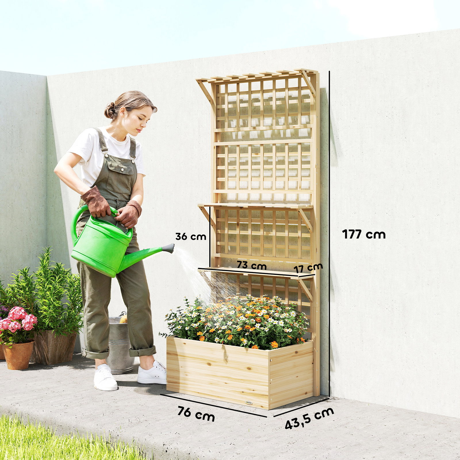 Jardineira com treliça e teto em madeira para plantas trepadeiras com 2 prateleiras drenagem e forro 76x43,5x177 cm natural