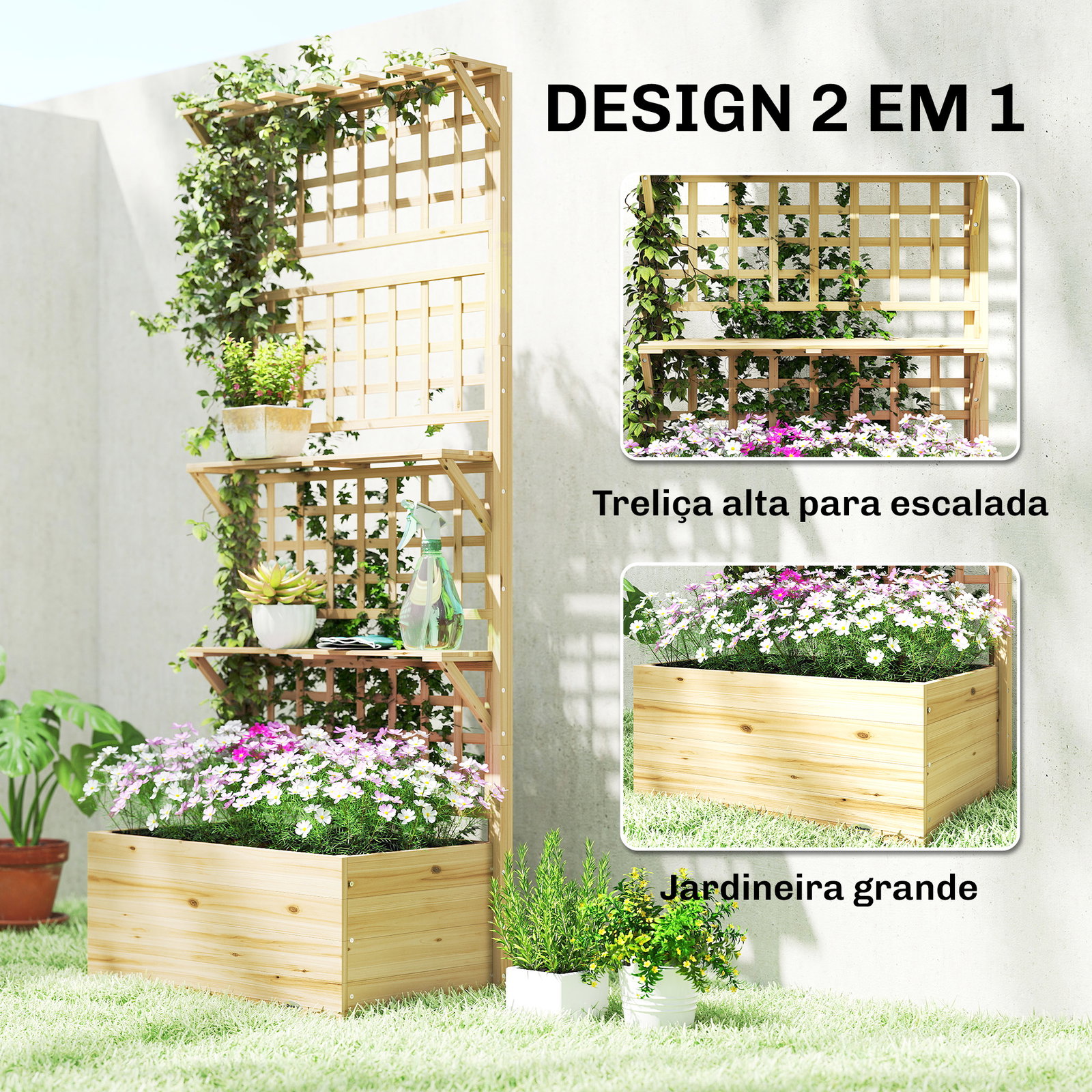 Jardineira com treliça e teto em madeira para plantas trepadeiras com 2 prateleiras drenagem e forro 76x43,5x177 cm natural