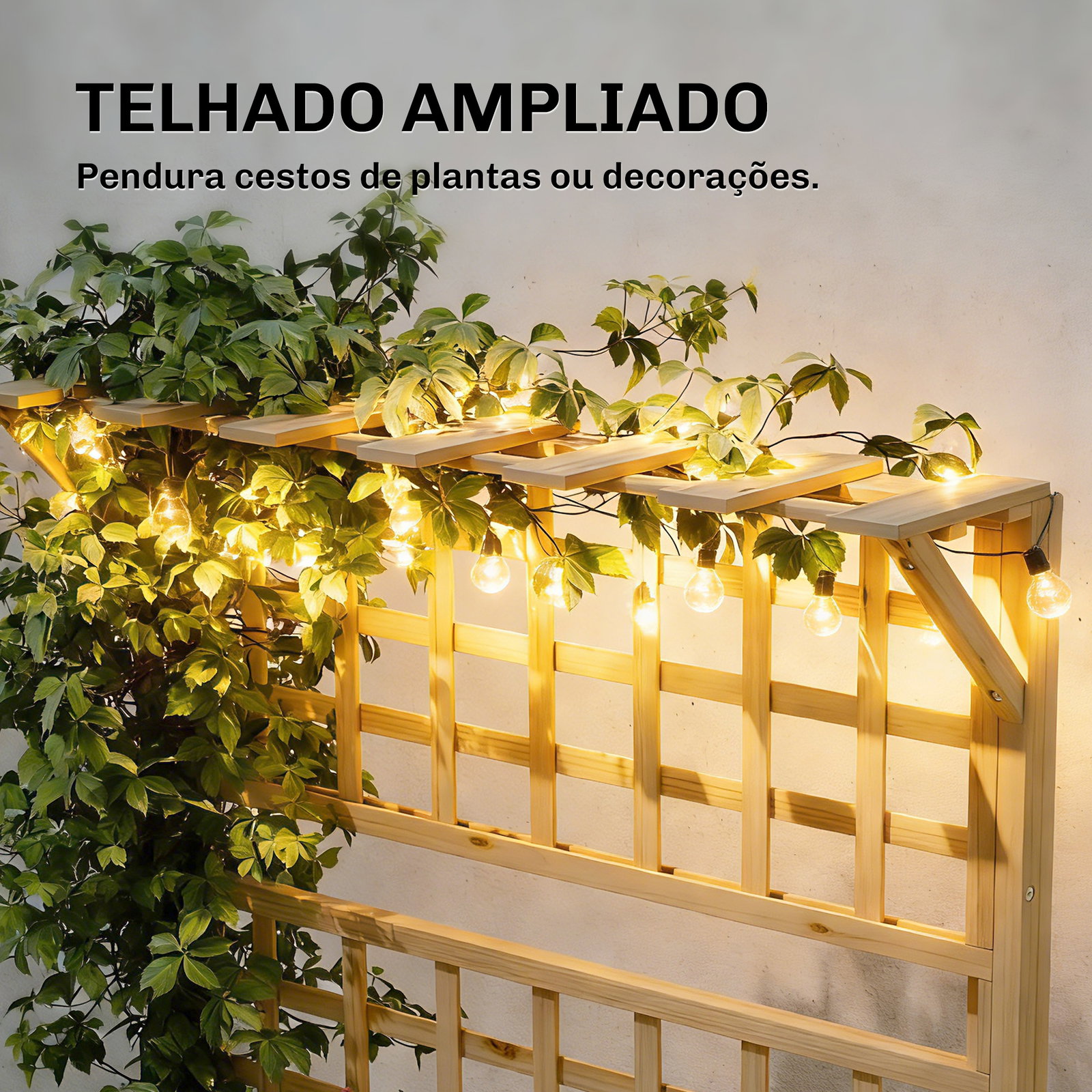 Jardineira com treliça e teto em madeira para plantas trepadeiras com 2 prateleiras drenagem e forro 76x43,5x177 cm natural